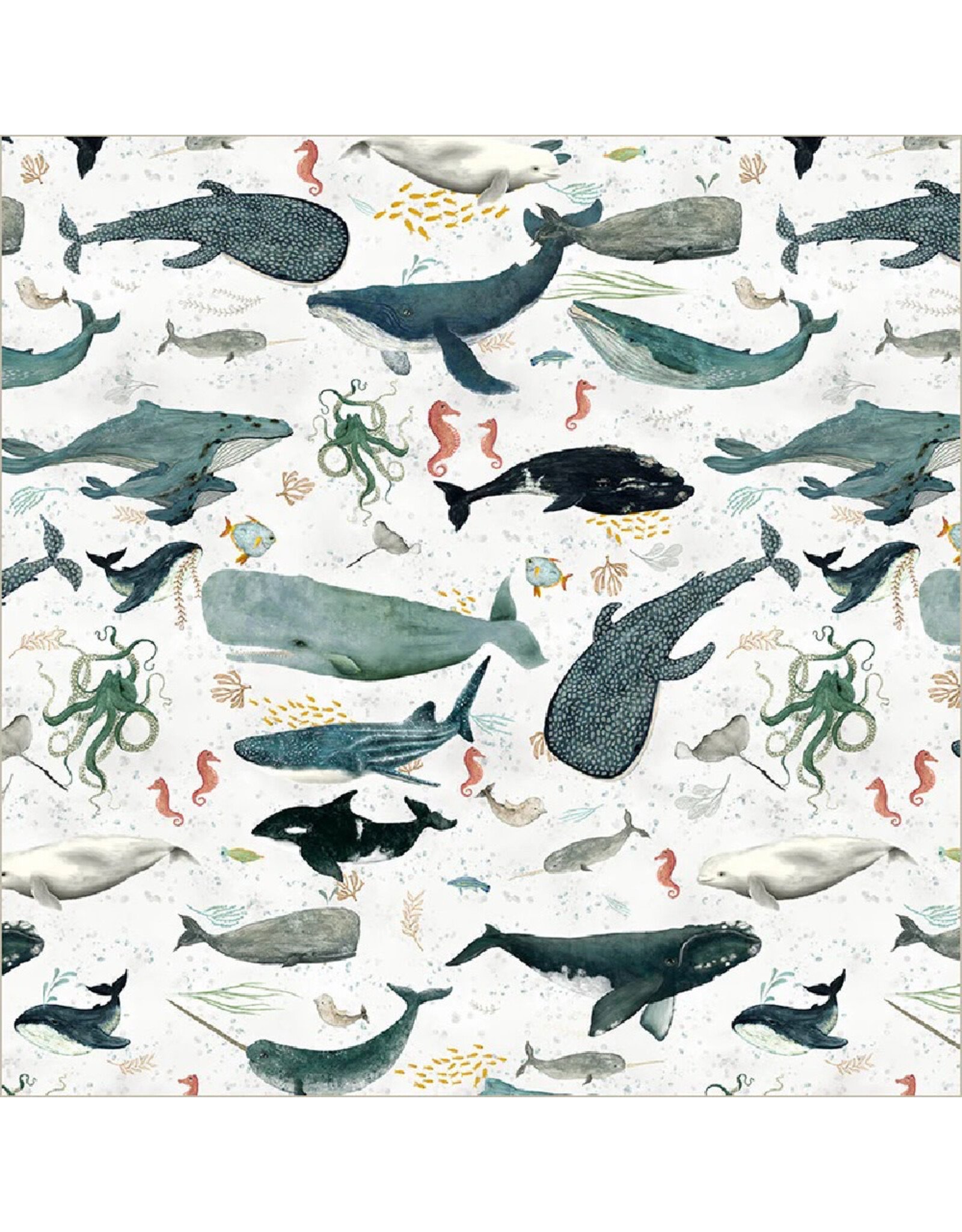 Windham Fabrics Deep Blue, Creatures of the Sea in Foam, Fabric Half-Yards