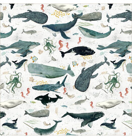 Windham Fabrics Deep Blue, Creatures of the Sea in Foam, Fabric Half-Yards