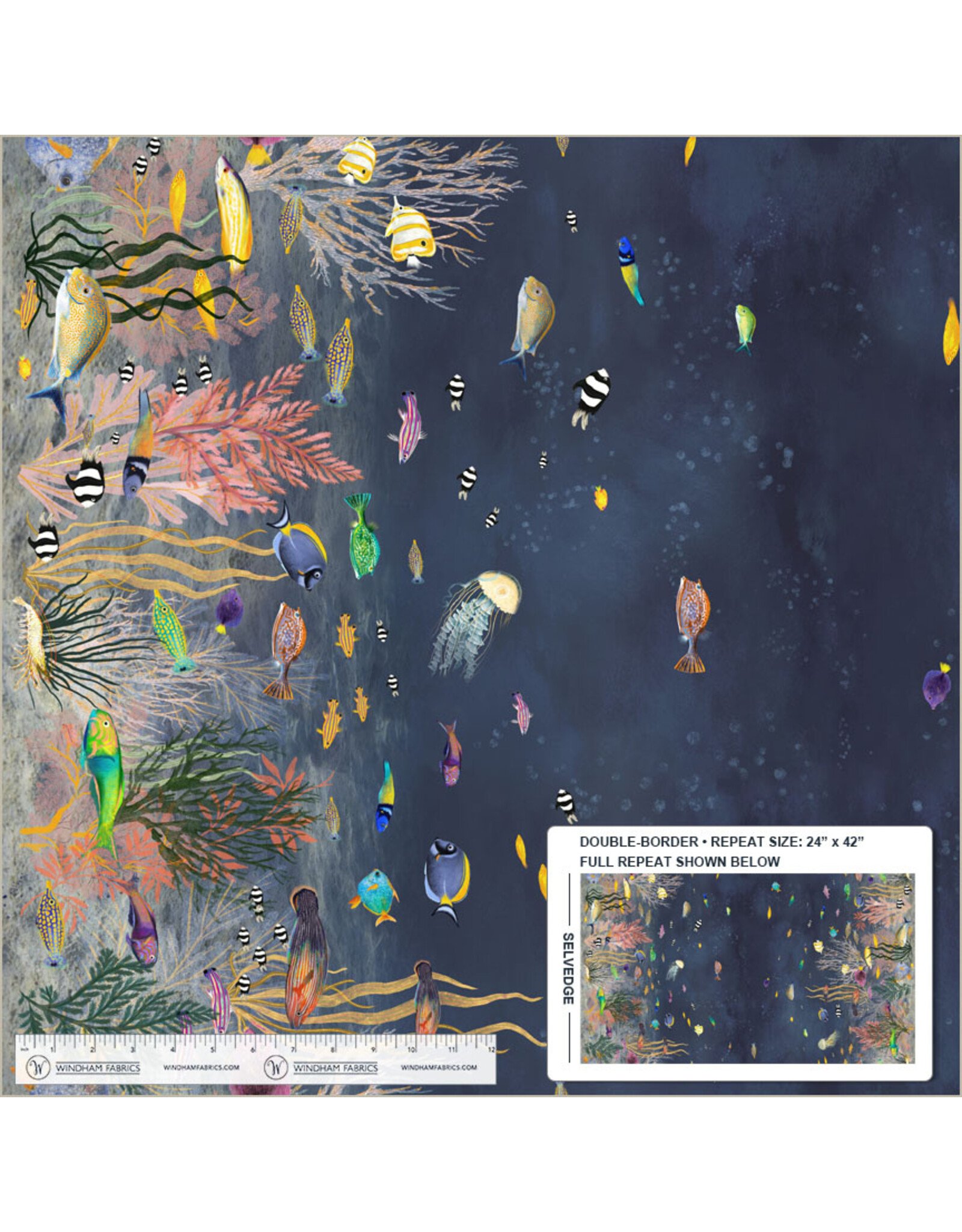 Windham Fabrics Deep Blue, Ocean Flow Double Border in Deep Blue, Fabric Half-Yards