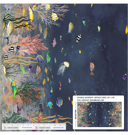 Windham Fabrics Deep Blue, Ocean Flow Double Border in Deep Blue, Fabric Half-Yards