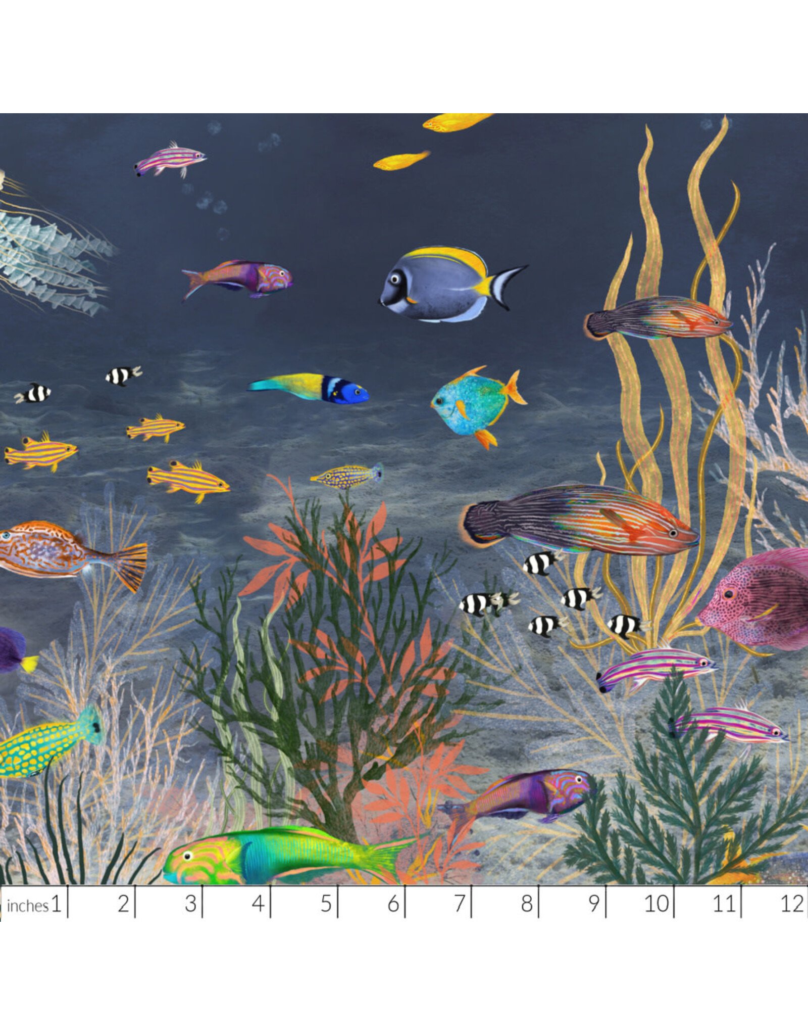 Windham Fabrics Deep Blue, Ocean Flow Double Border in Deep Blue, Fabric Half-Yards