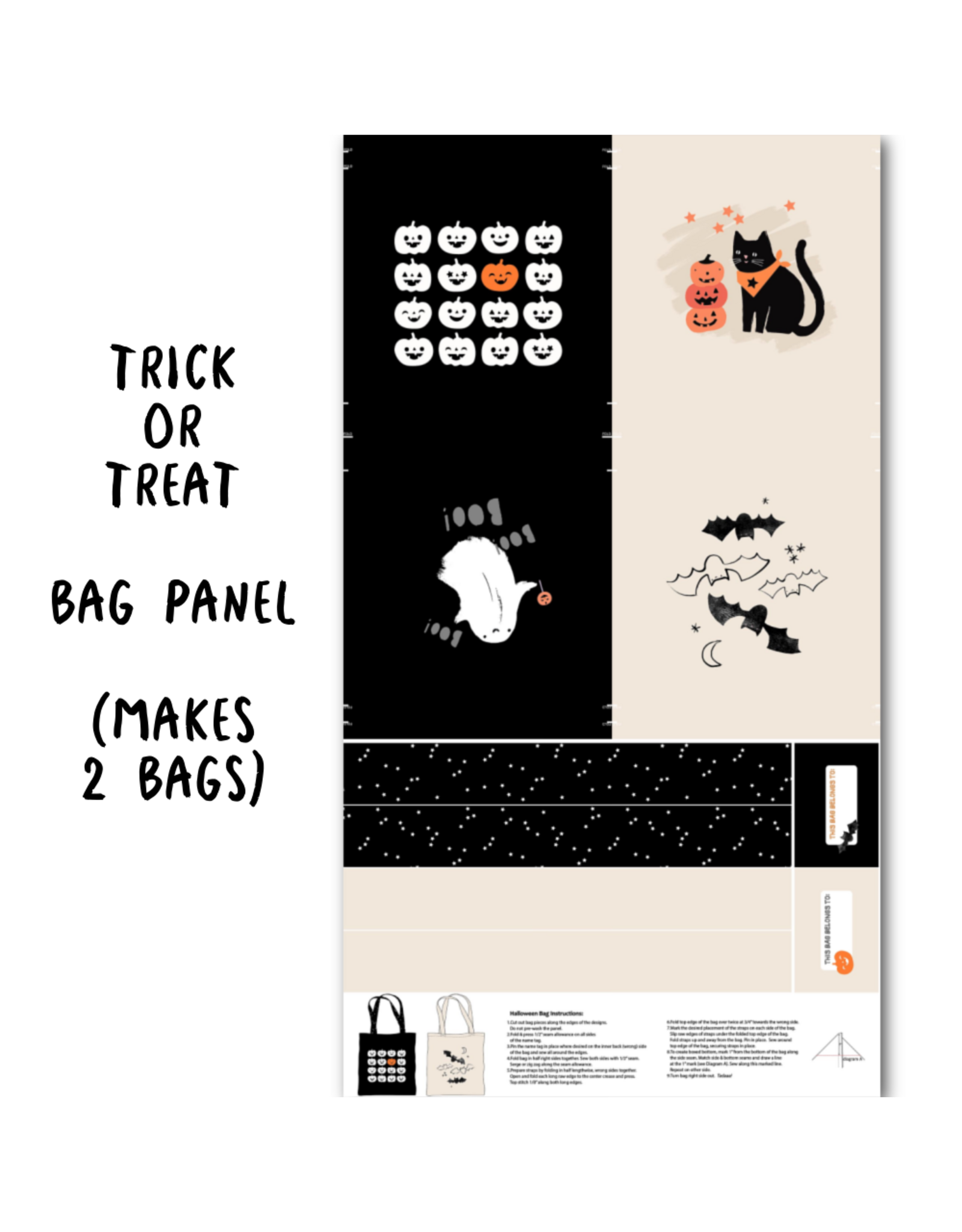 Figo Sweet Treats, Halloween Bag Panel in Black, 24" x 44" Panel