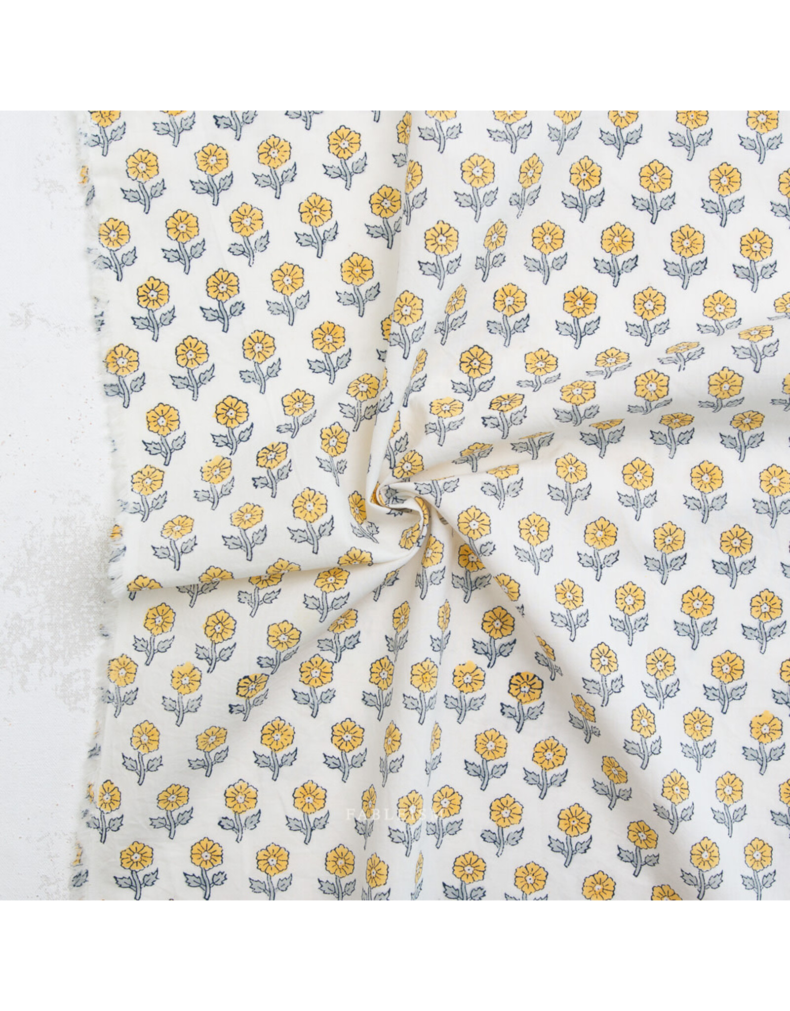 Fableism Indian Block Prints: Cottage, Flowerling in Yellow, Fabric Half-Yards