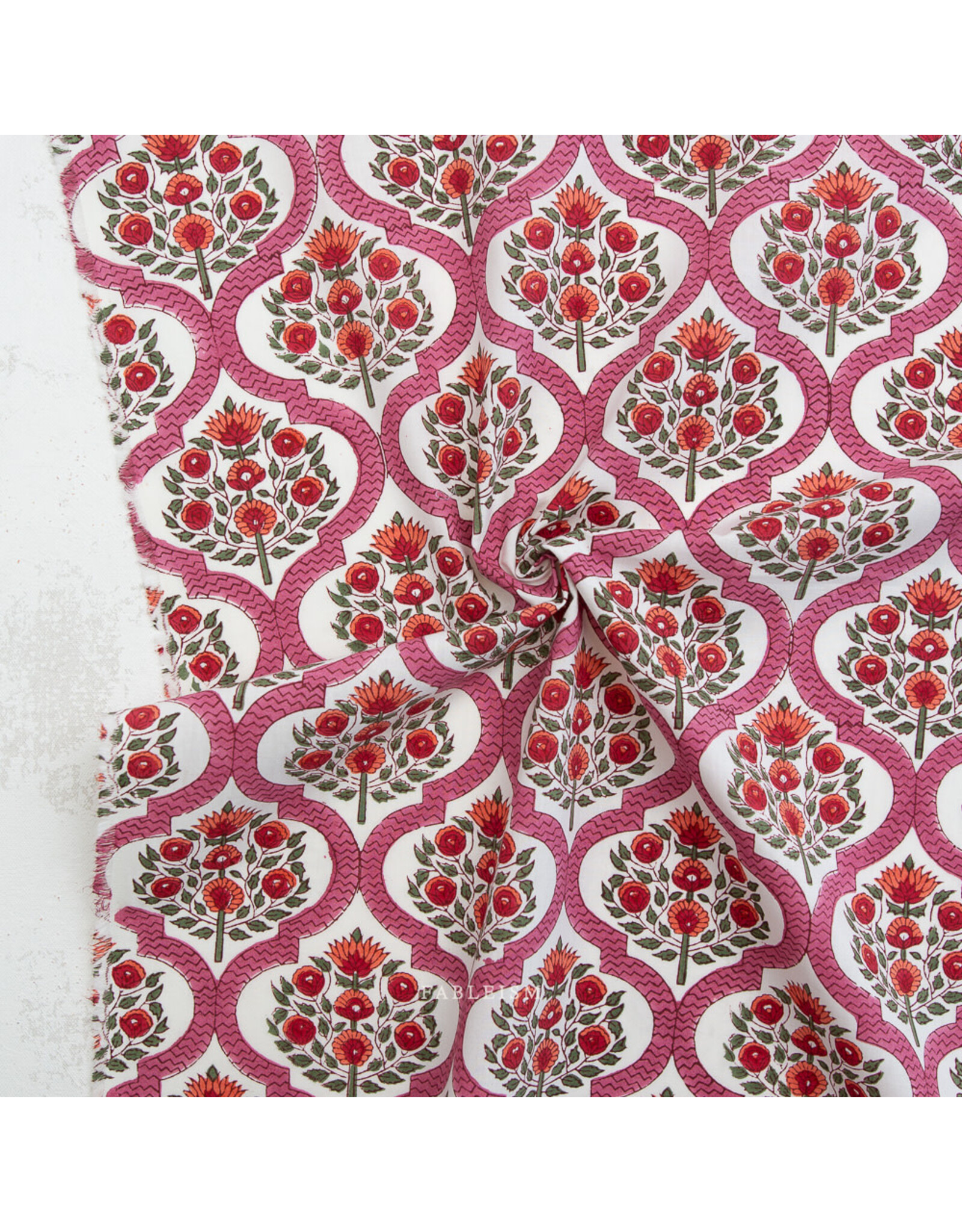 Fableism Indian Block Prints: Cottage, Lattice Floral in Pink, Fabric Half-Yards