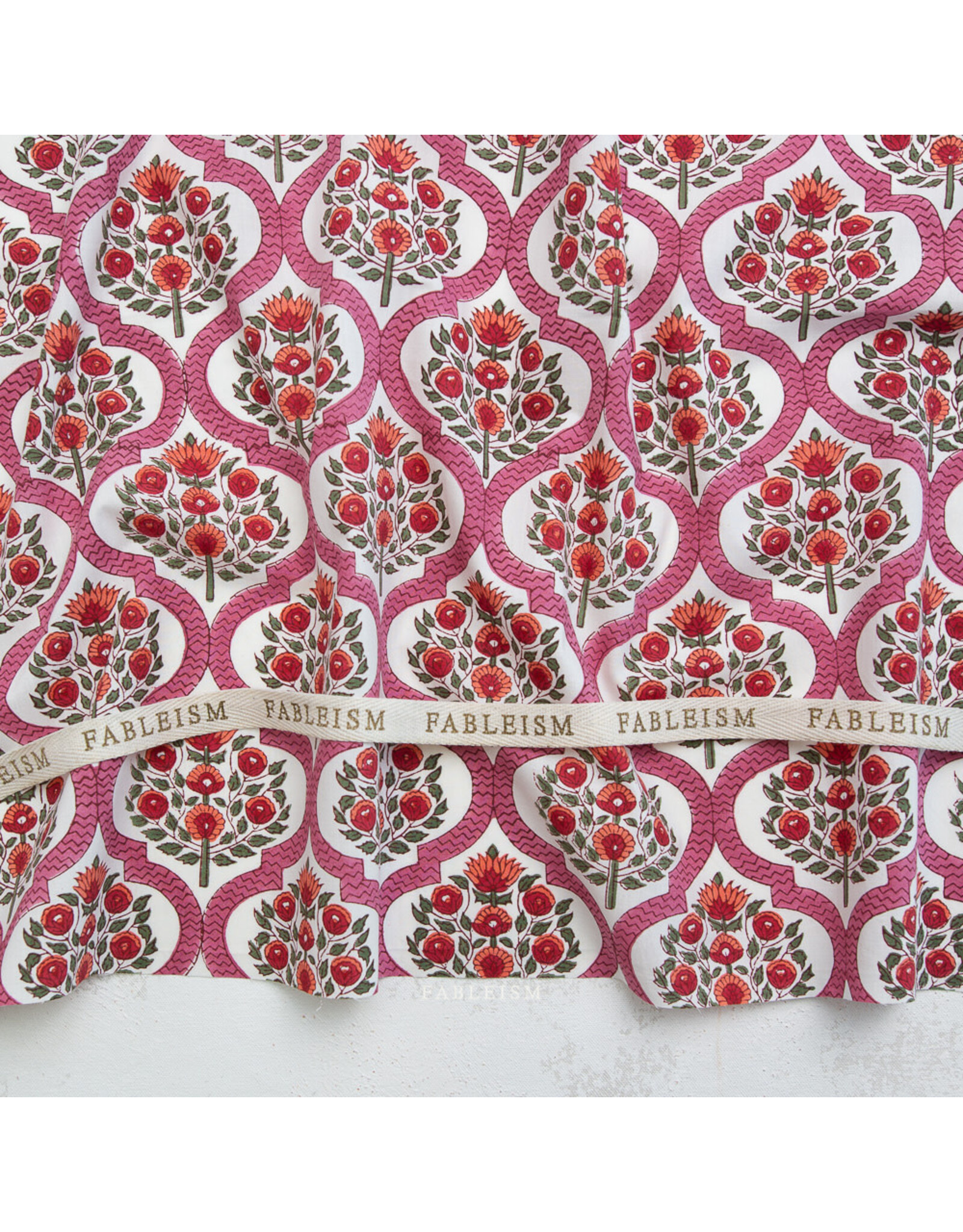 Fableism Indian Block Prints: Cottage, Lattice Floral in Pink, Fabric Half-Yards