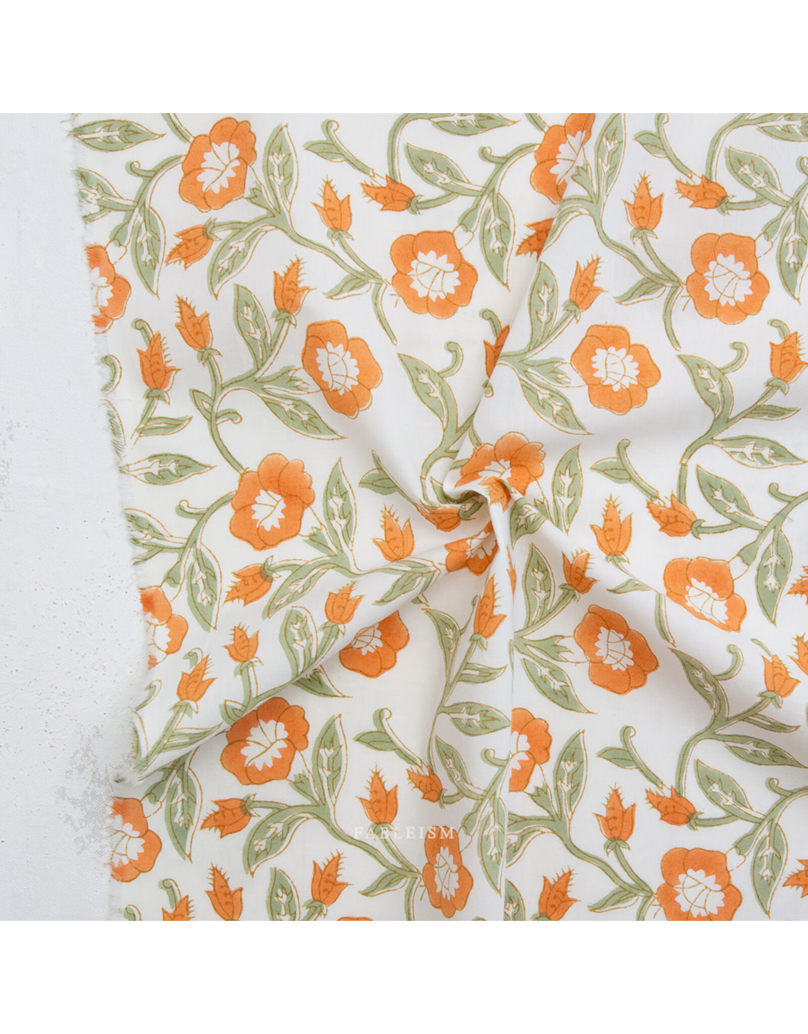 Fableism Indian Block Prints: Cottage, Trumpet Vines in Sage, Fabric Half-Yards