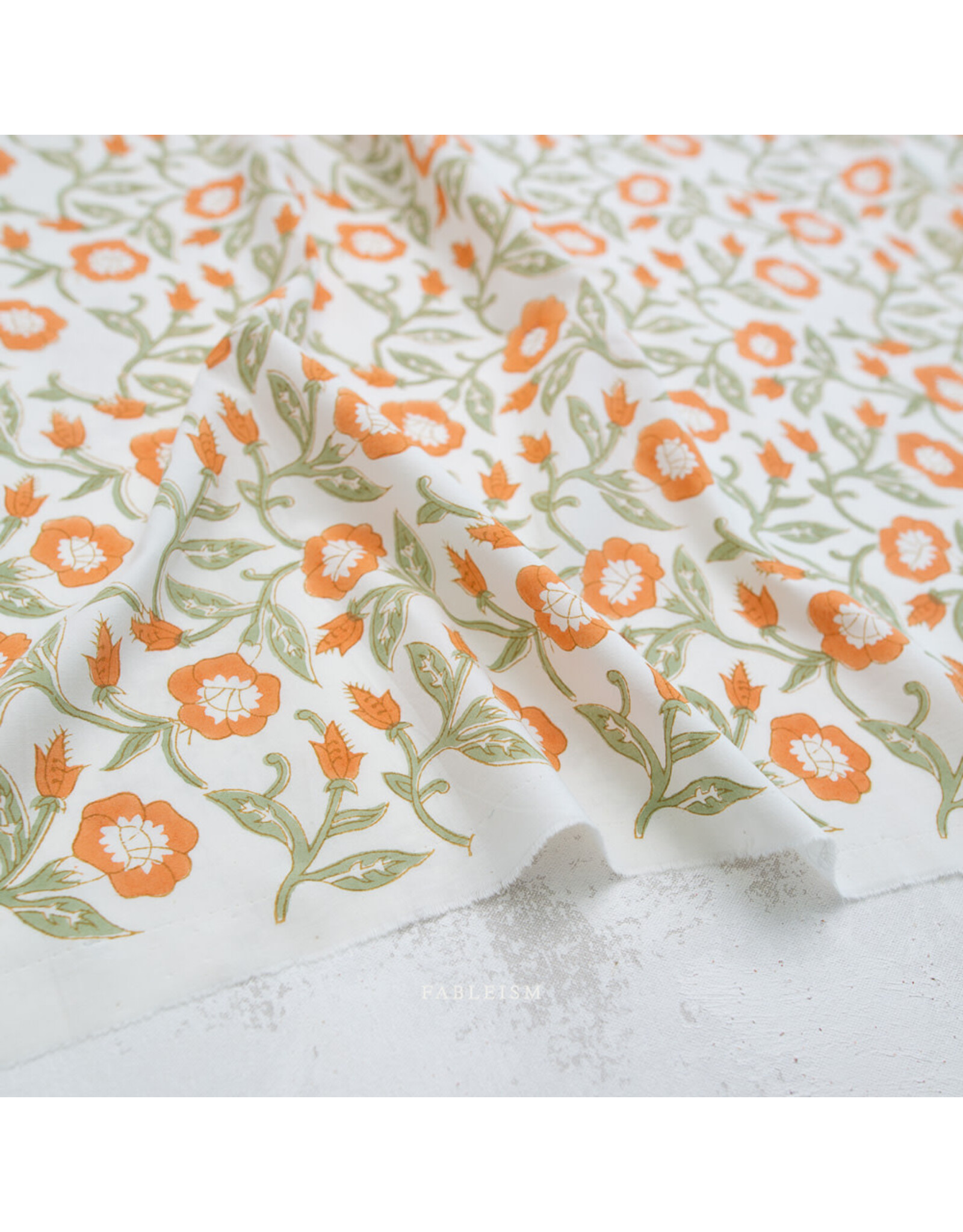 Fableism Indian Block Prints: Cottage, Trumpet Vines in Sage, Fabric Half-Yards