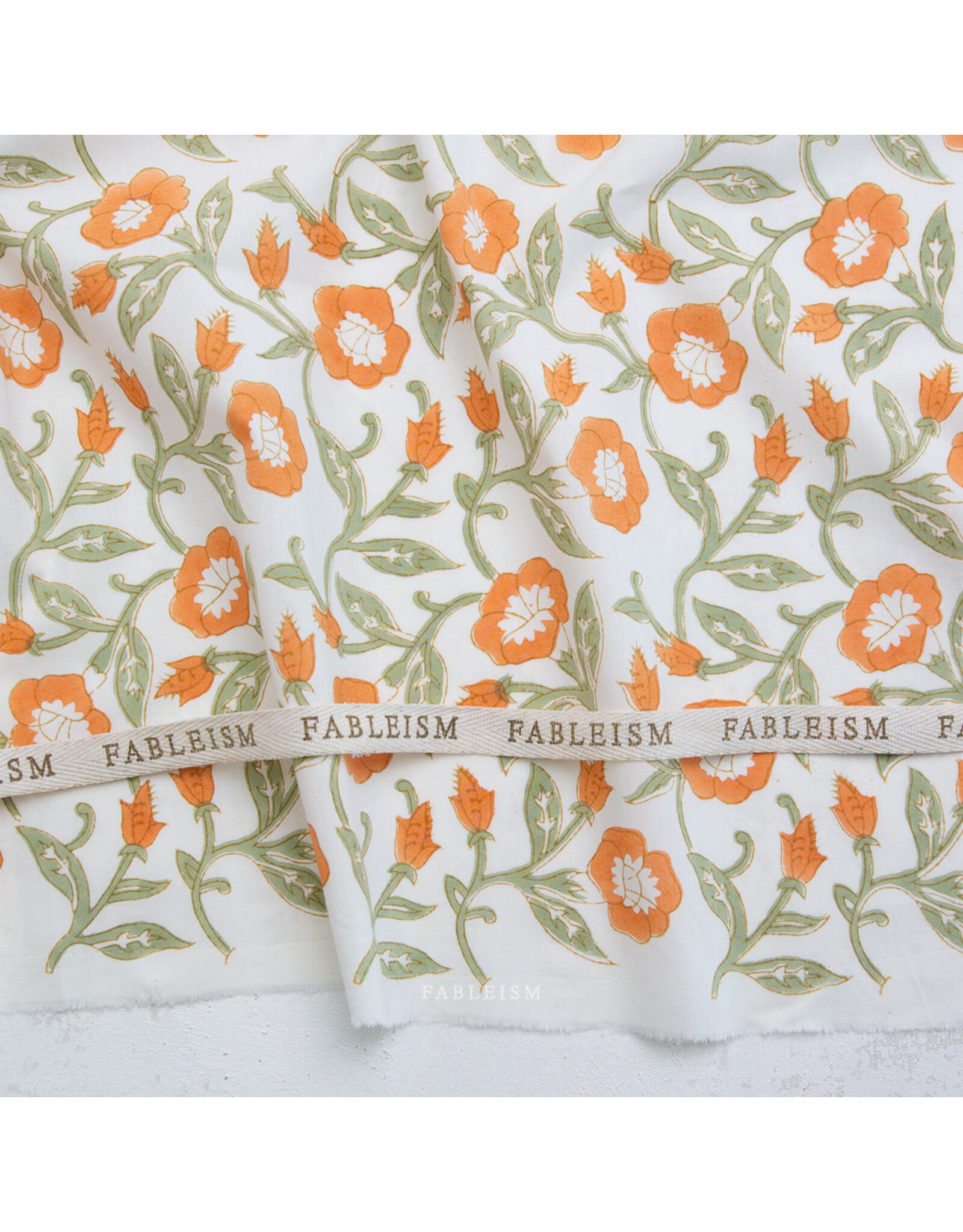 Fableism Indian Block Prints: Cottage, Trumpet Vines in Sage, Fabric Half-Yards