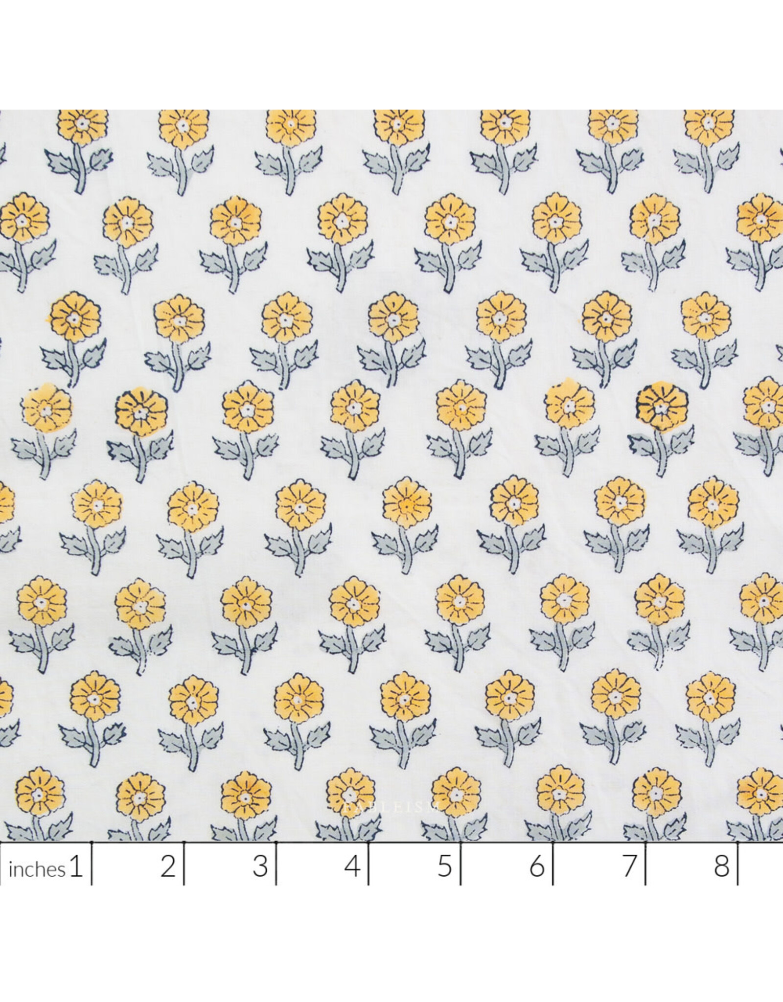 Fableism Indian Block Prints: Cottage, Flowerling in Yellow, Fabric Half-Yards