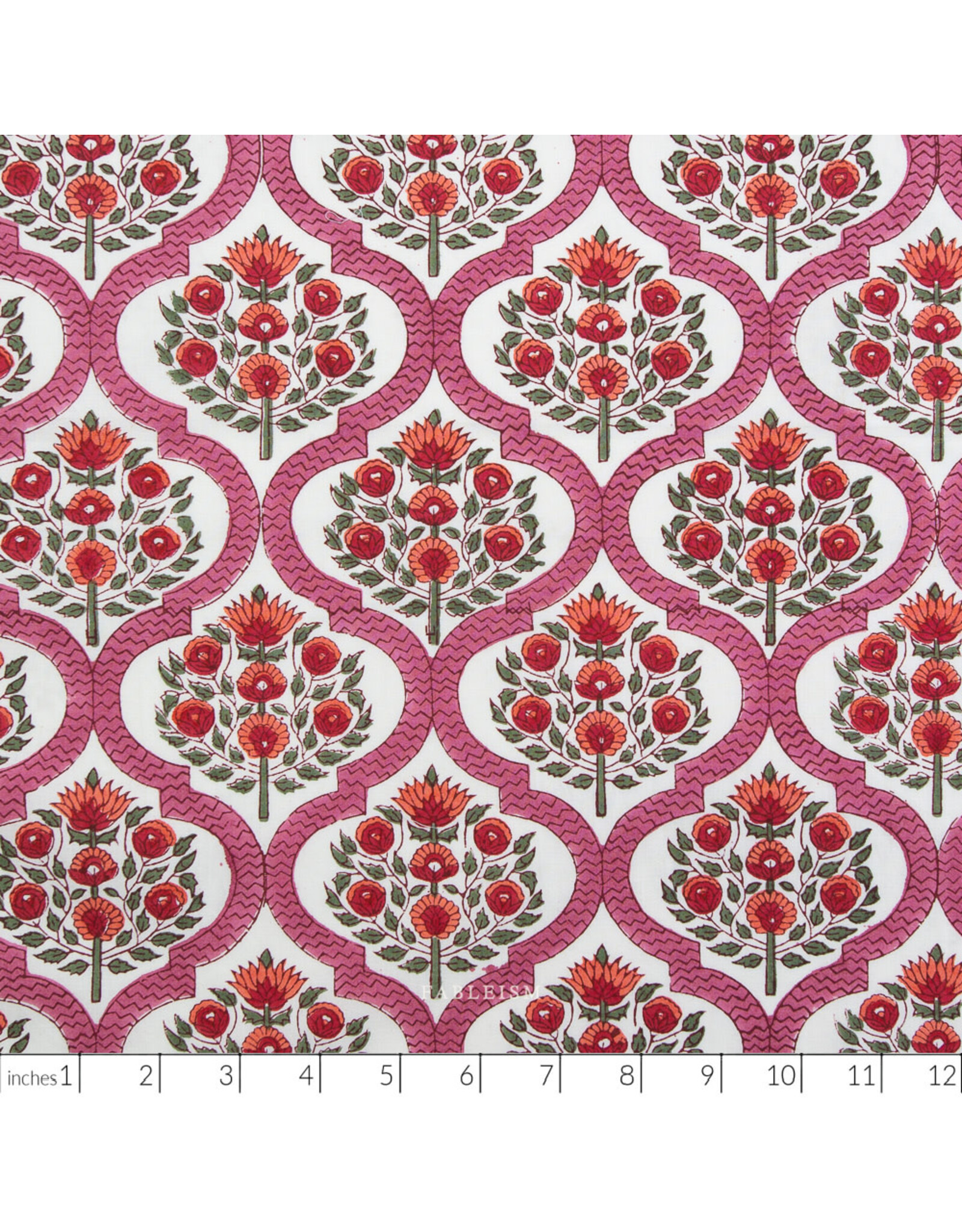 Fableism Indian Block Prints: Cottage, Lattice Floral in Pink, Fabric Half-Yards