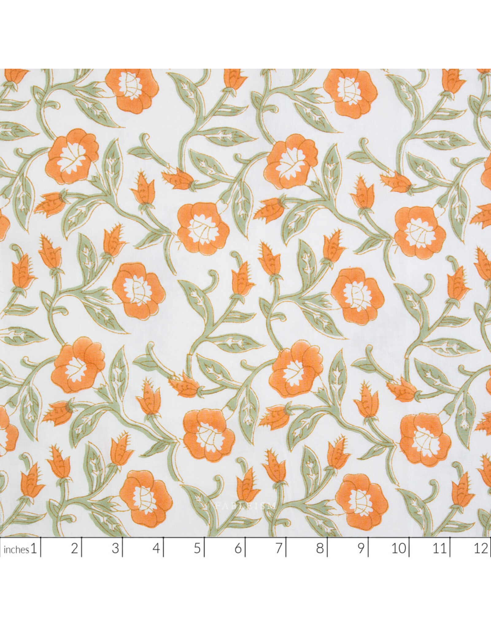 Fableism Indian Block Prints: Cottage, Trumpet Vines in Sage, Fabric Half-Yards
