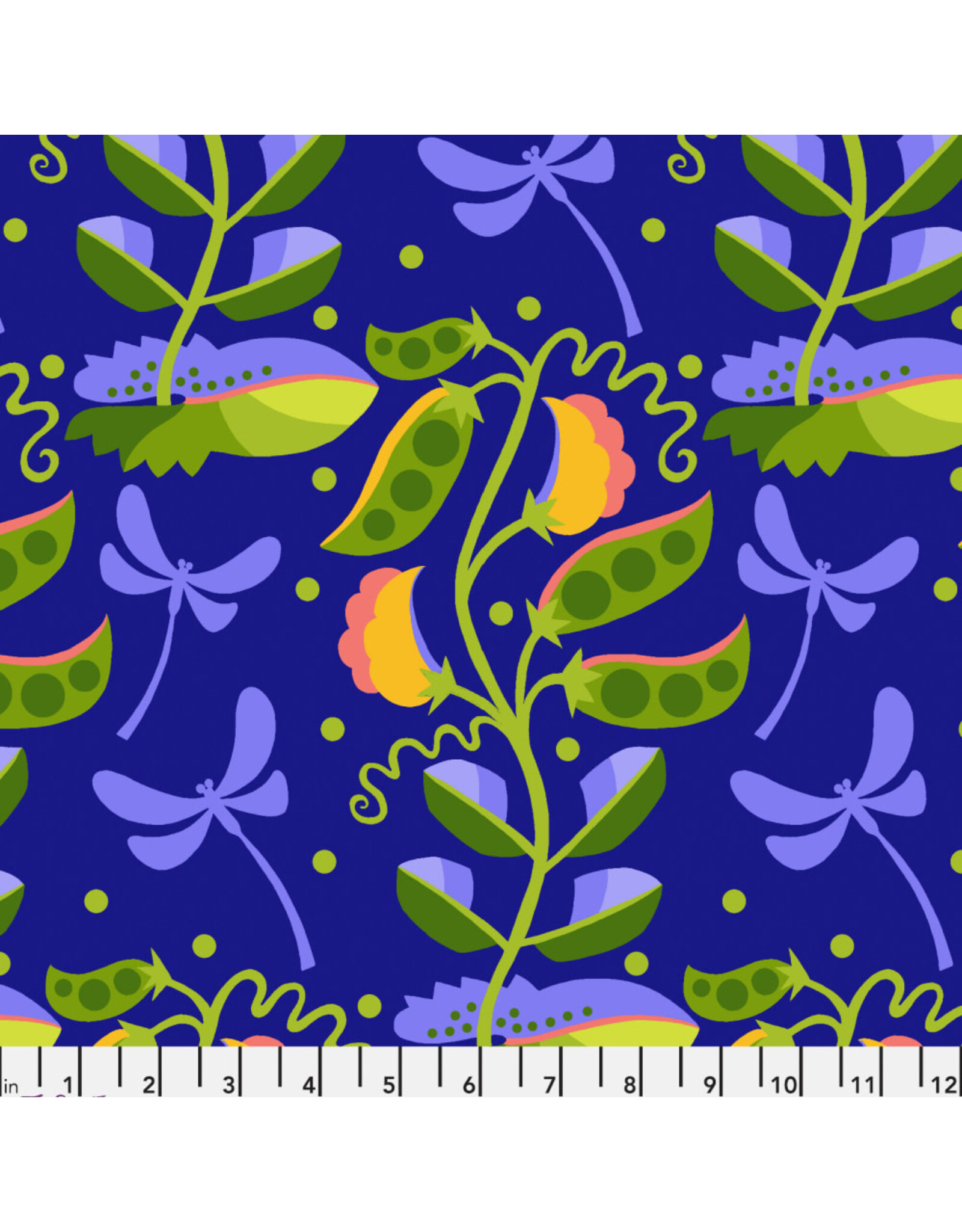 Jane Sassaman Vegetable Patch,  Pea in Blue, Fabric Half-Yards