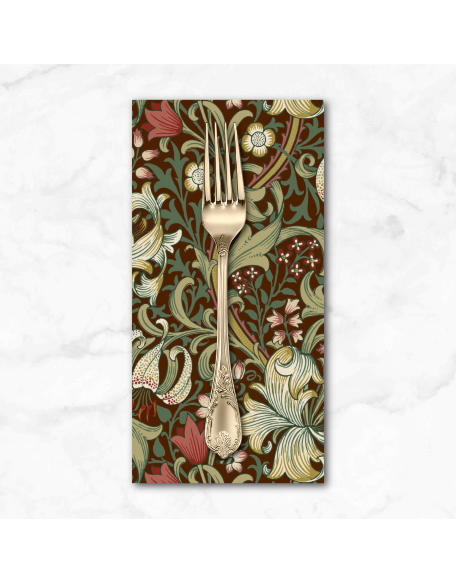 PD's William Morris Collection Morris & Co, Suffolk Holiday, Golden Lily in Ruby, Dinner Napkin