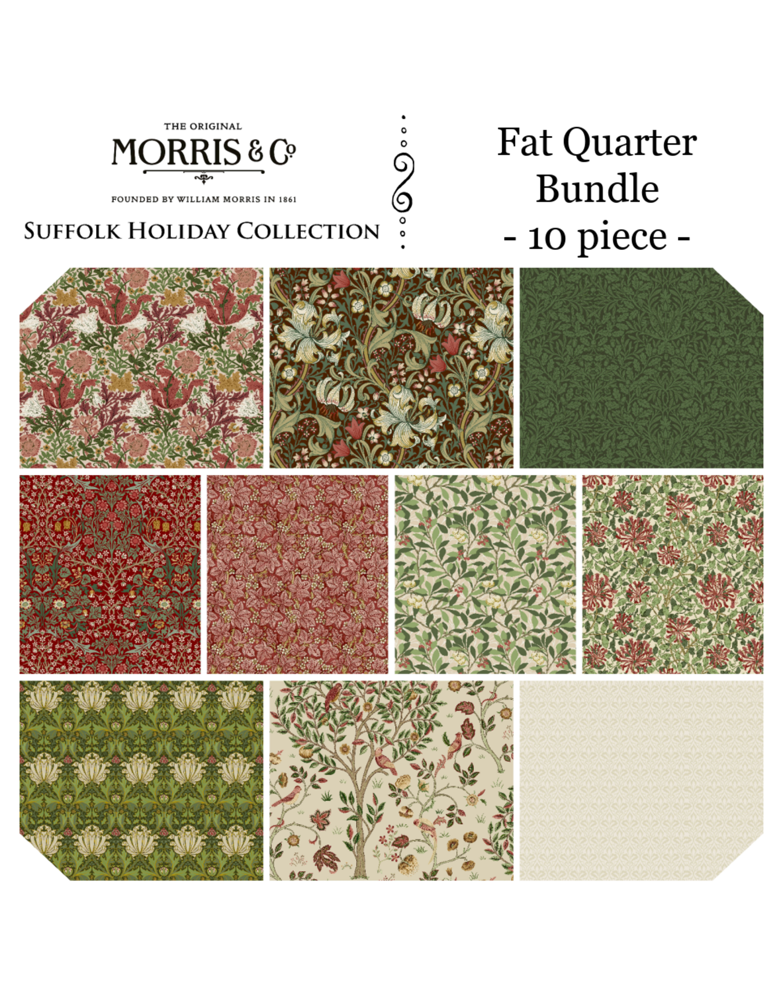 William Morris & Co. Morris & Co, Suffolk Holiday, Fat Quarter Bundle - 10 pc. full collection