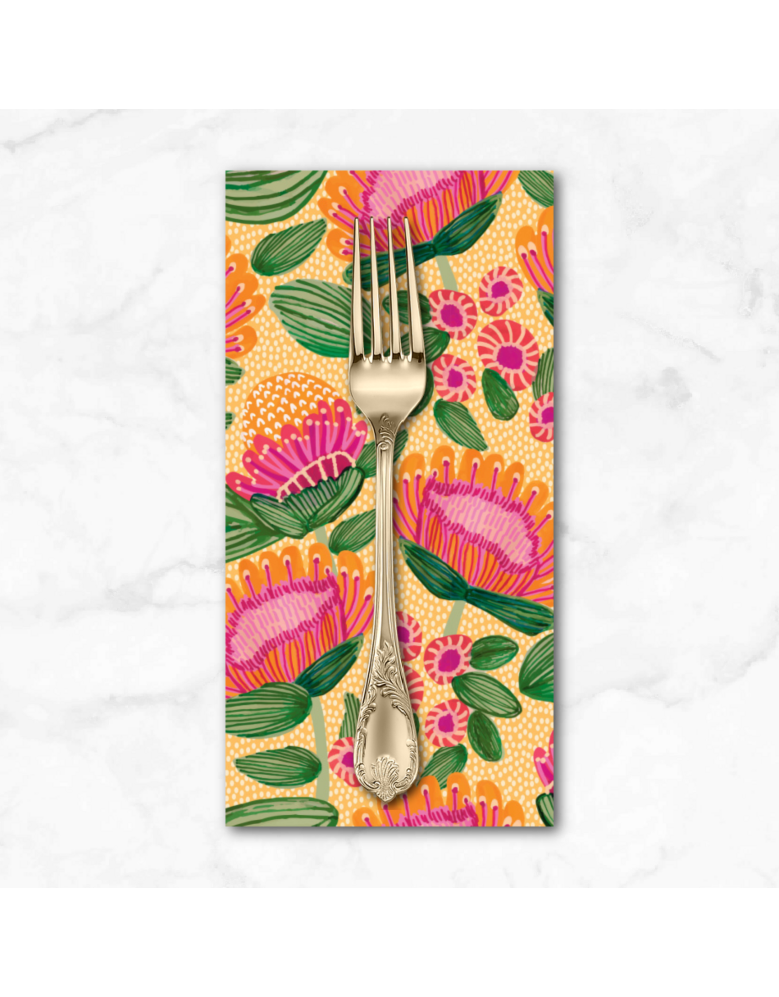 PD'S Free Spirit Collection Paradise Blooms, Playful Proteas in Apricot, Dinner Napkin