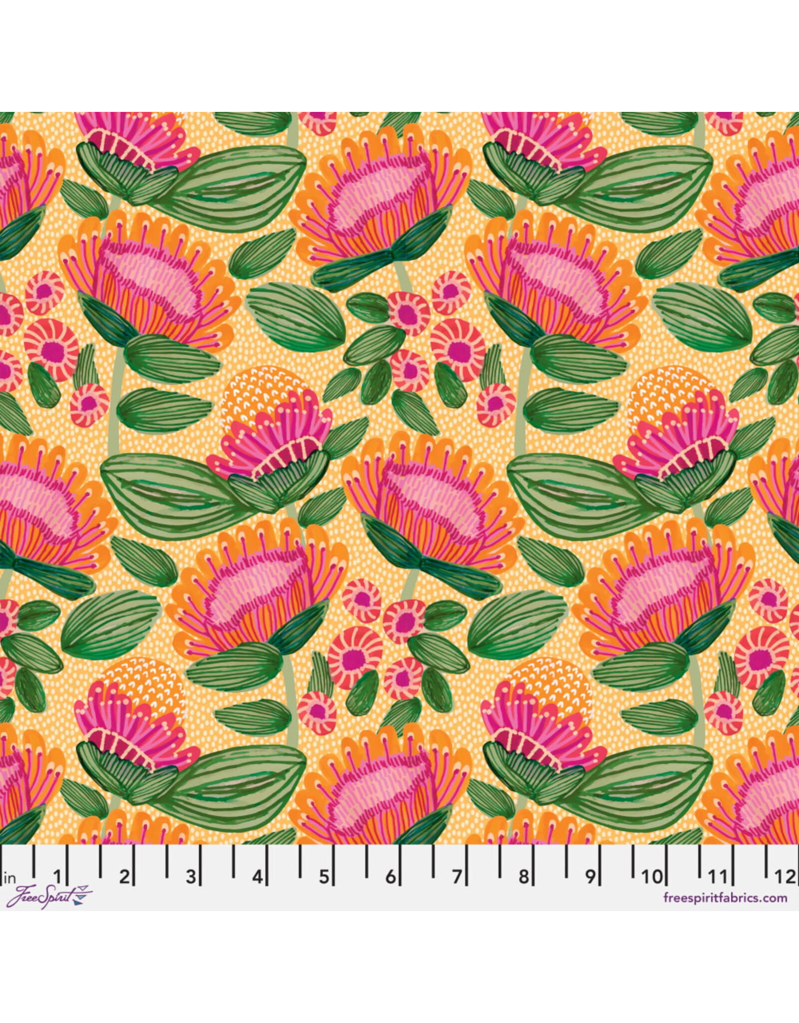Free Spirit Paradise Blooms, Playful Proteas in Apricot, Fabric Half-Yards