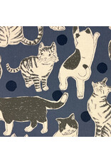 Japan Import Linen Cotton Flax Canvas, Oversized Hand-Drawn Cats in Blue, Fabric Half-Yards