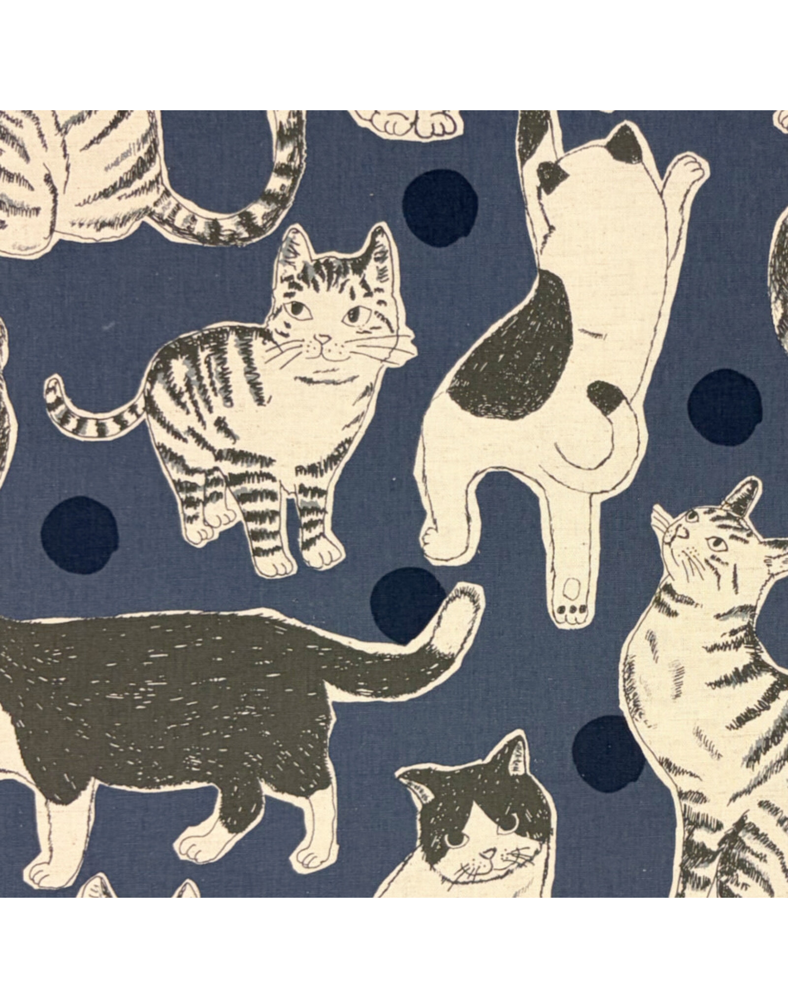 Japan Import Linen Cotton Flax Canvas, Oversized Hand-Drawn Cats in Blue, Fabric Half-Yards