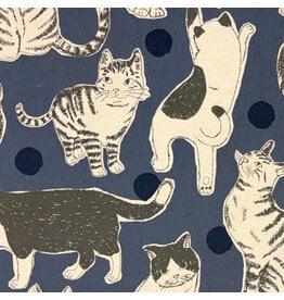 Japan Import Linen Cotton Flax Canvas, Oversized Hand-Drawn Cats in Blue, Fabric Half-Yards