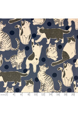 Japan Import Linen Cotton Flax Canvas, Oversized Hand-Drawn Cats in Blue, Fabric Half-Yards