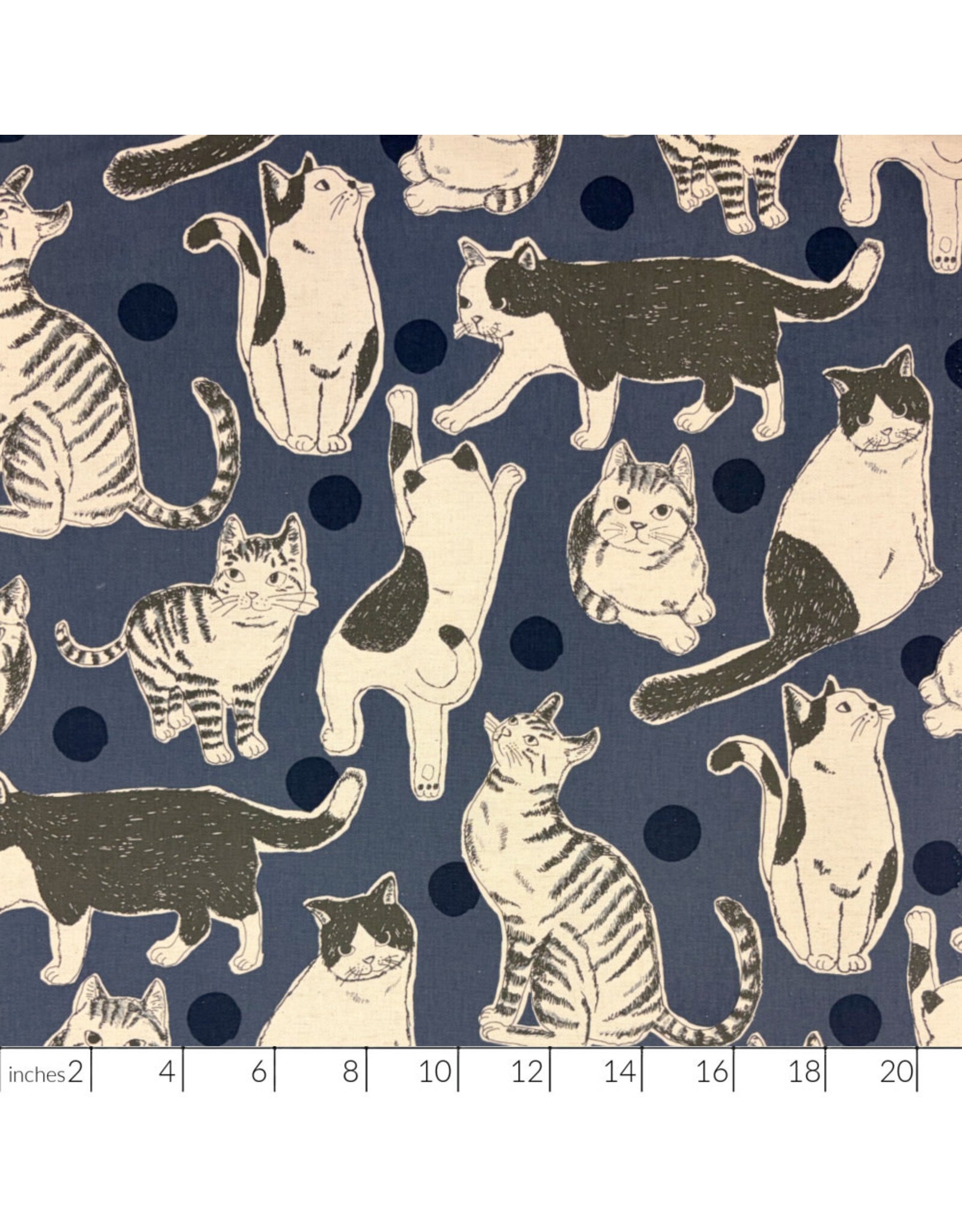 Japan Import Linen Cotton Flax Canvas, Oversized Hand-Drawn Cats in Blue, Fabric Half-Yards