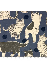 Japan Import Linen Cotton Flax Canvas, Oversized Hand-Drawn Cats in Blue, Fabric Half-Yards