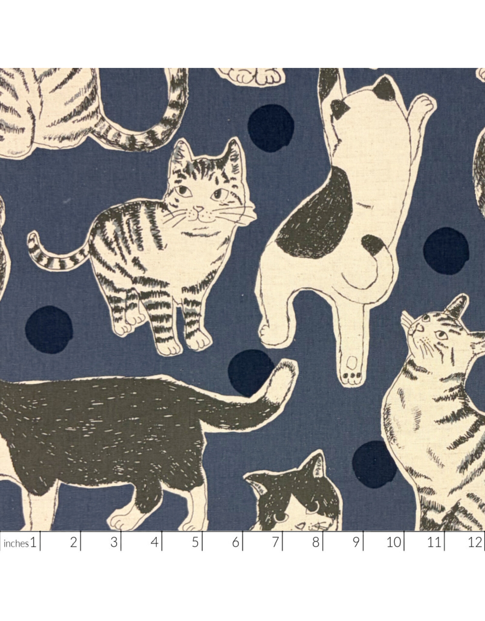 Japan Import Linen Cotton Flax Canvas, Oversized Hand-Drawn Cats in Blue, Fabric Half-Yards