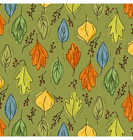 Andover Fabrics Harvest Home, Fall Foliage in Olive, Fabric Half-Yards