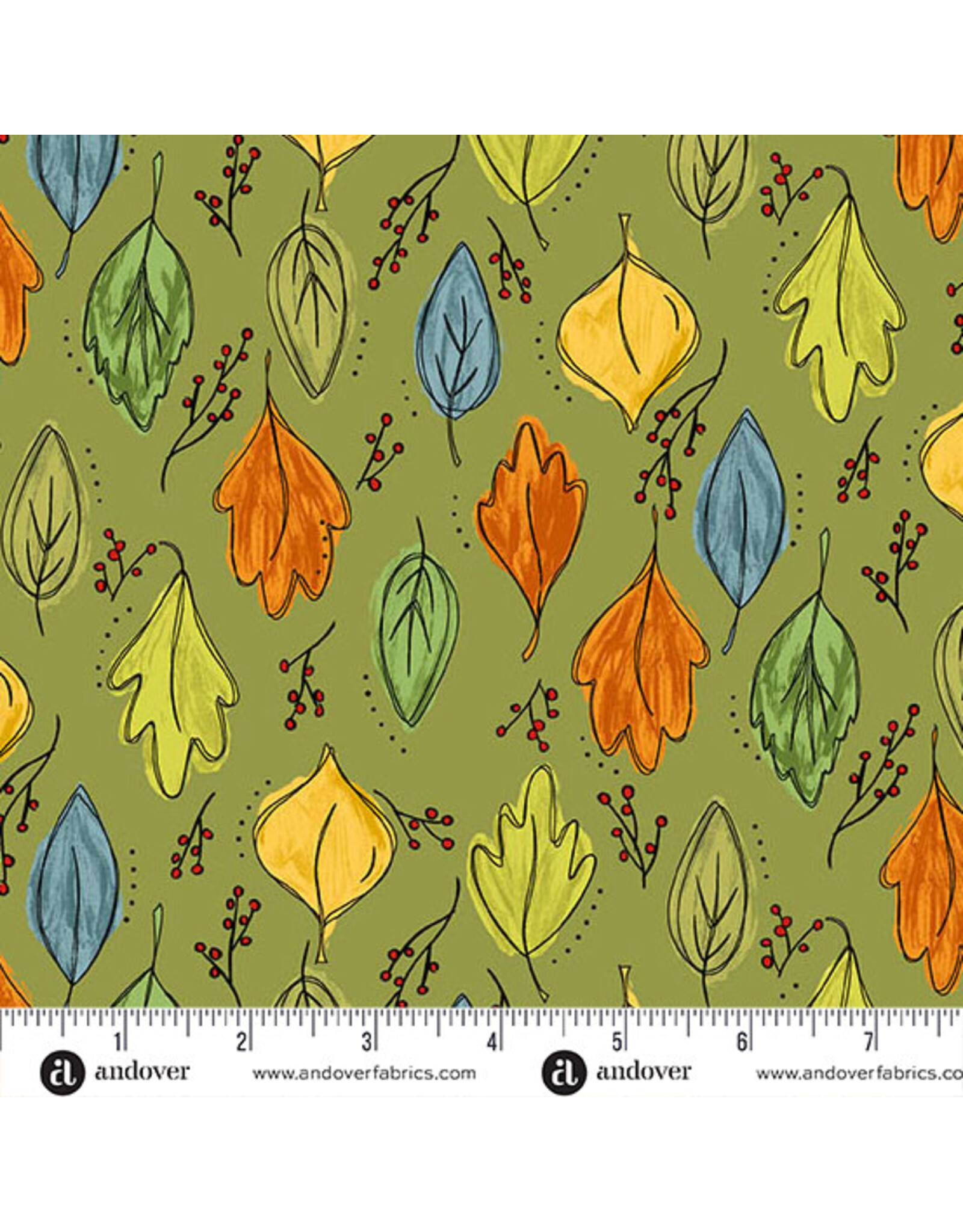 Andover Fabrics Harvest Home, Fall Foliage in Olive, Fabric Half-Yards