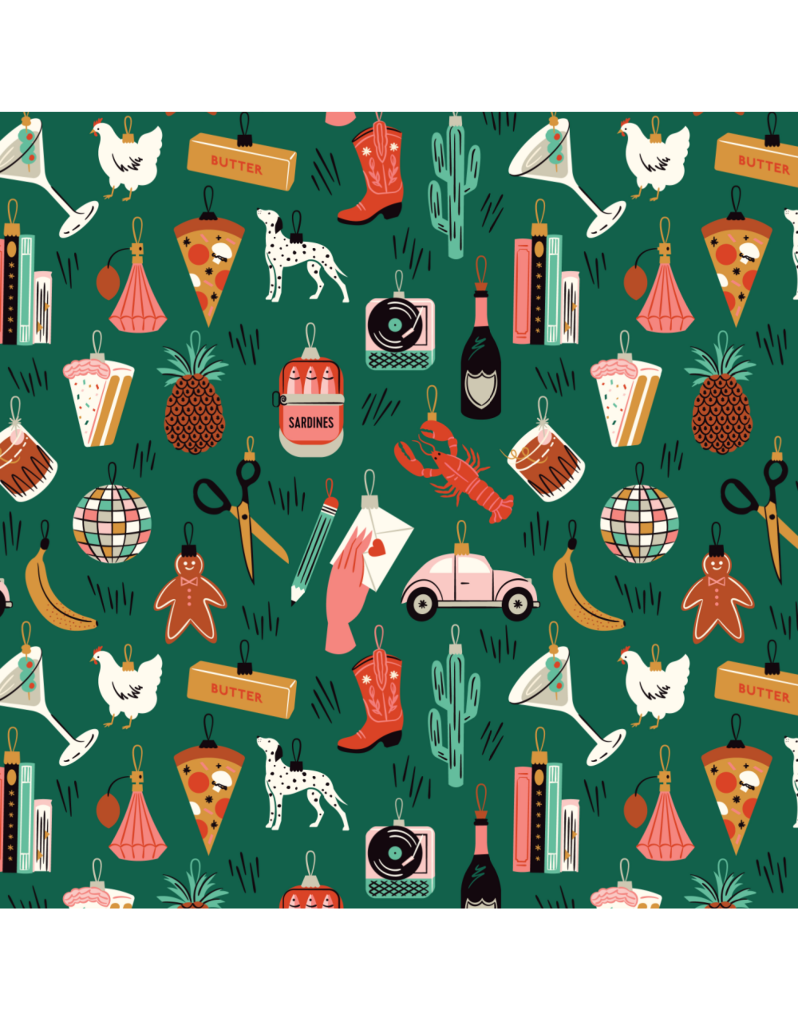 Cloud9 Fabrics Merry & Mod, Bright Baubles in Green, Fabric Half-Yards