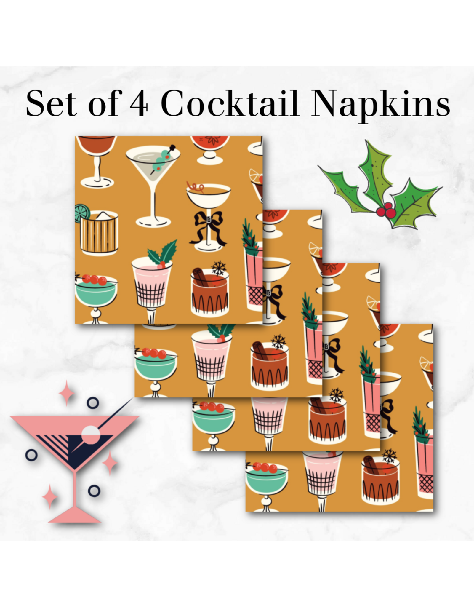 Christmas Collection Merry & Mod, Tinsel & Tinis in Gold, Set of 4 Cocktail Napkins