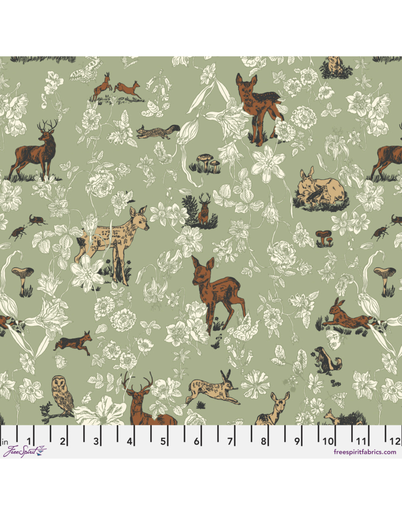 Nathalie Lété Last Fall in Japan, Bambi and Flowers in Mint, Fabric Half-Yards