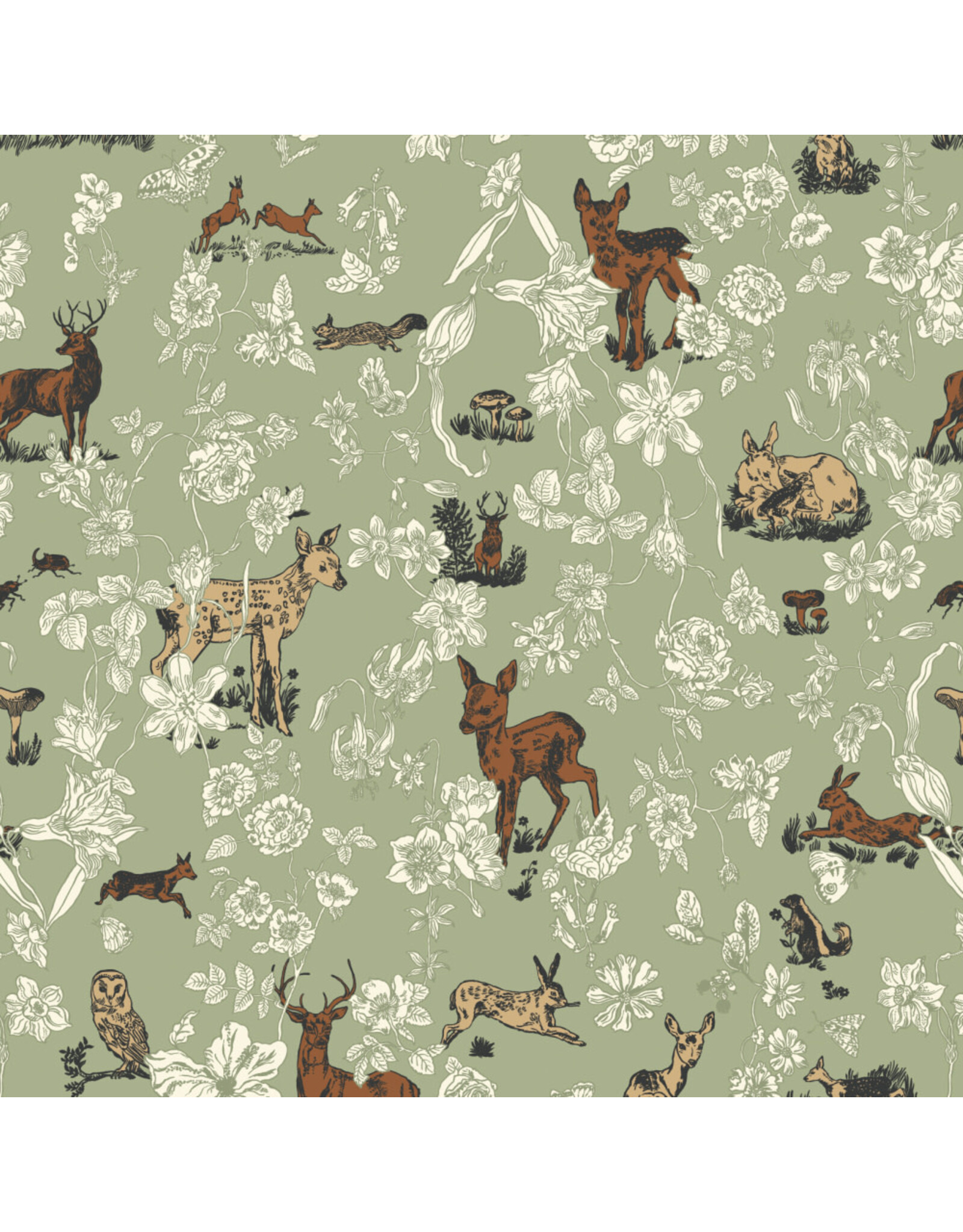 Nathalie Lété Last Fall in Japan, Bambi and Flowers in Mint, Fabric Half-Yards
