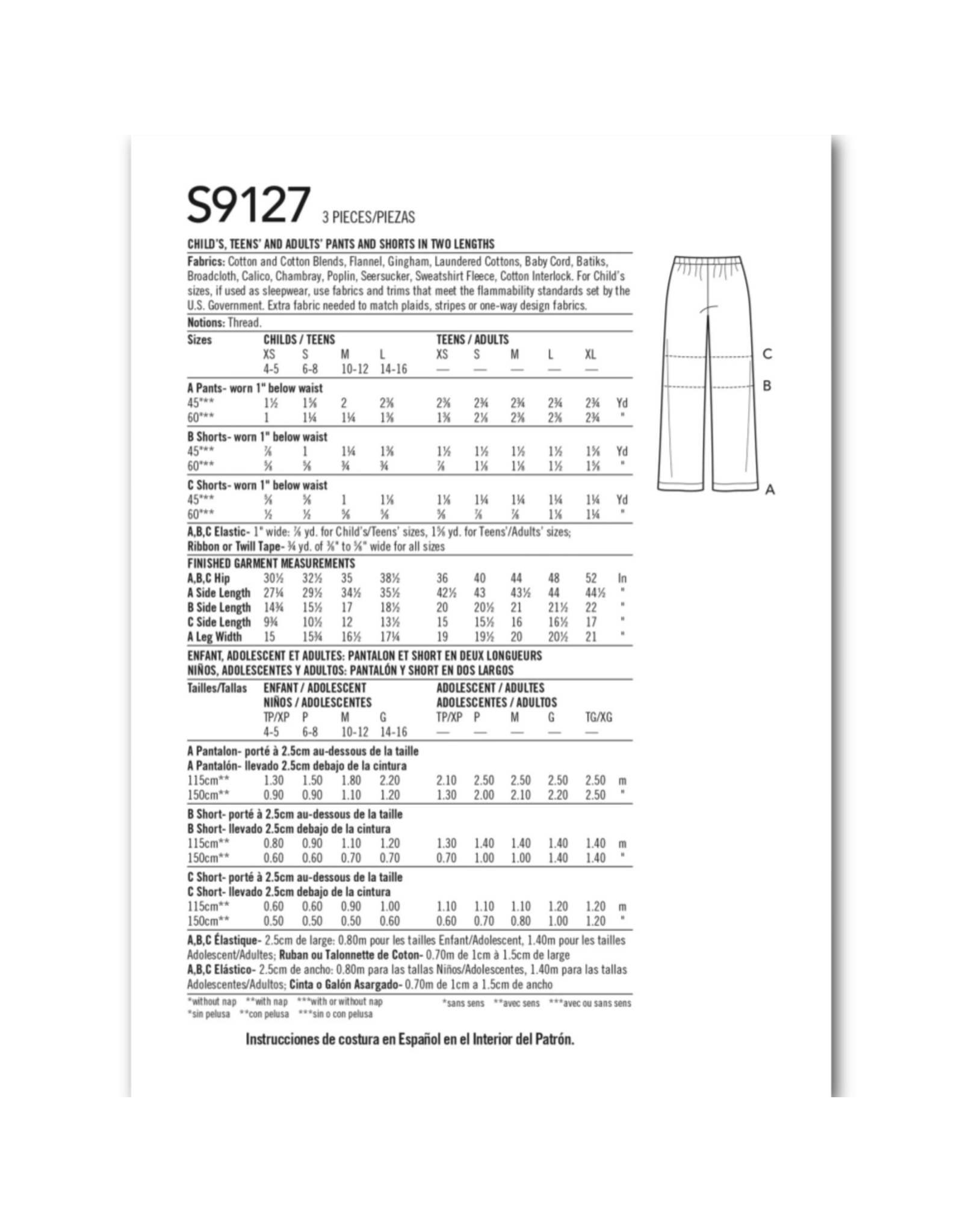 Simplicity Simplicity Pants and Shorts for Kids and Adults, Easy to Sew,  Pattern S9127