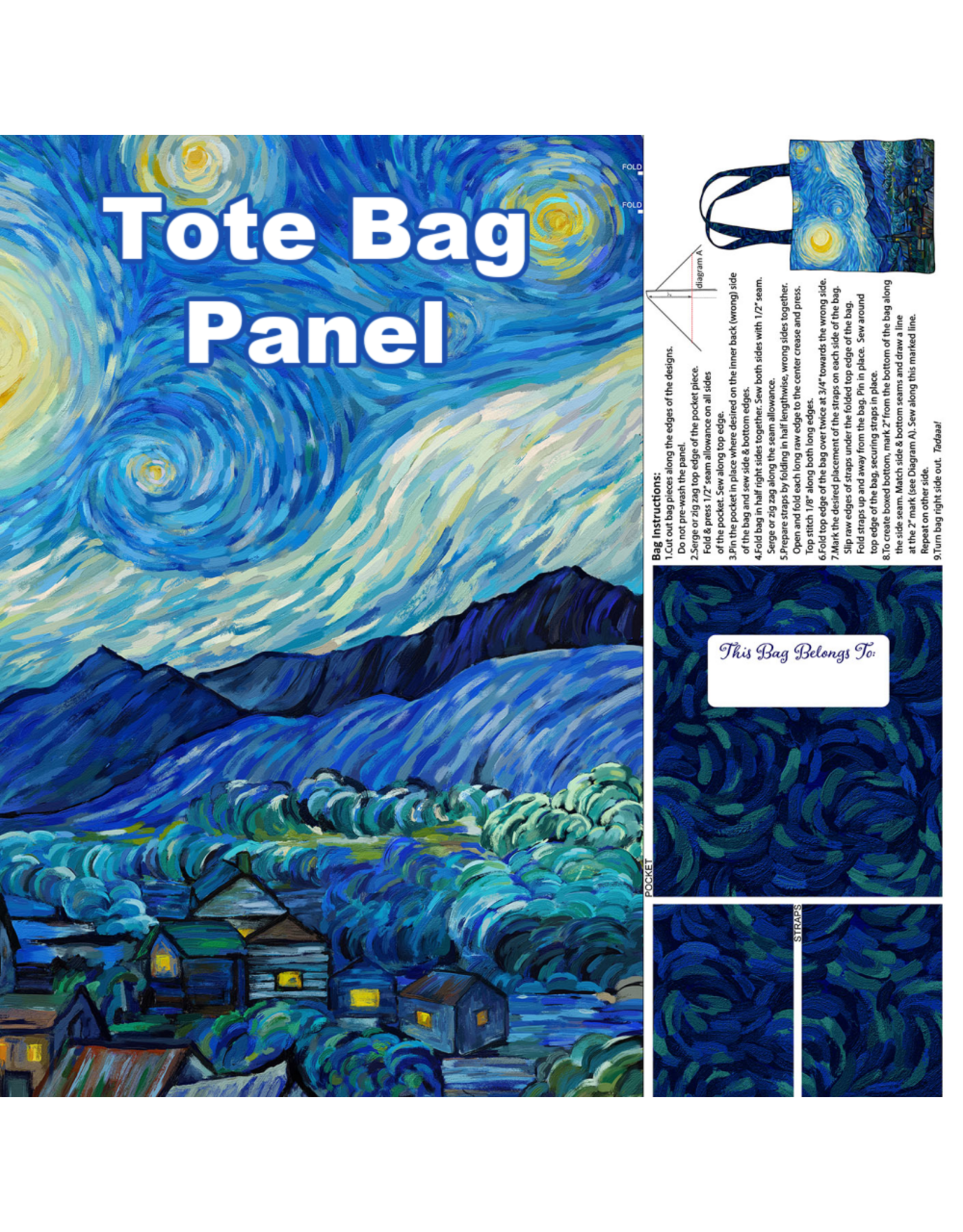 Figo Starry Night, Tote Bag Panel in Dark Blue Canvas, 24" x 43" Panel