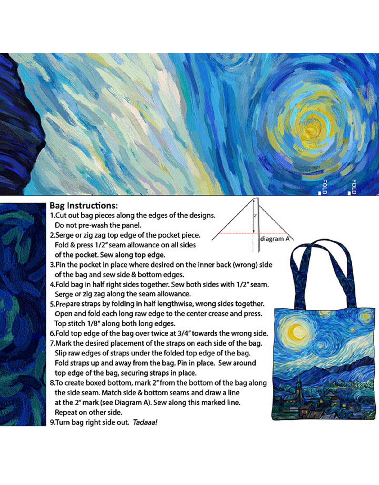 Figo Starry Night, Tote Bag Panel in Dark Blue Canvas, 24" x 43" Panel