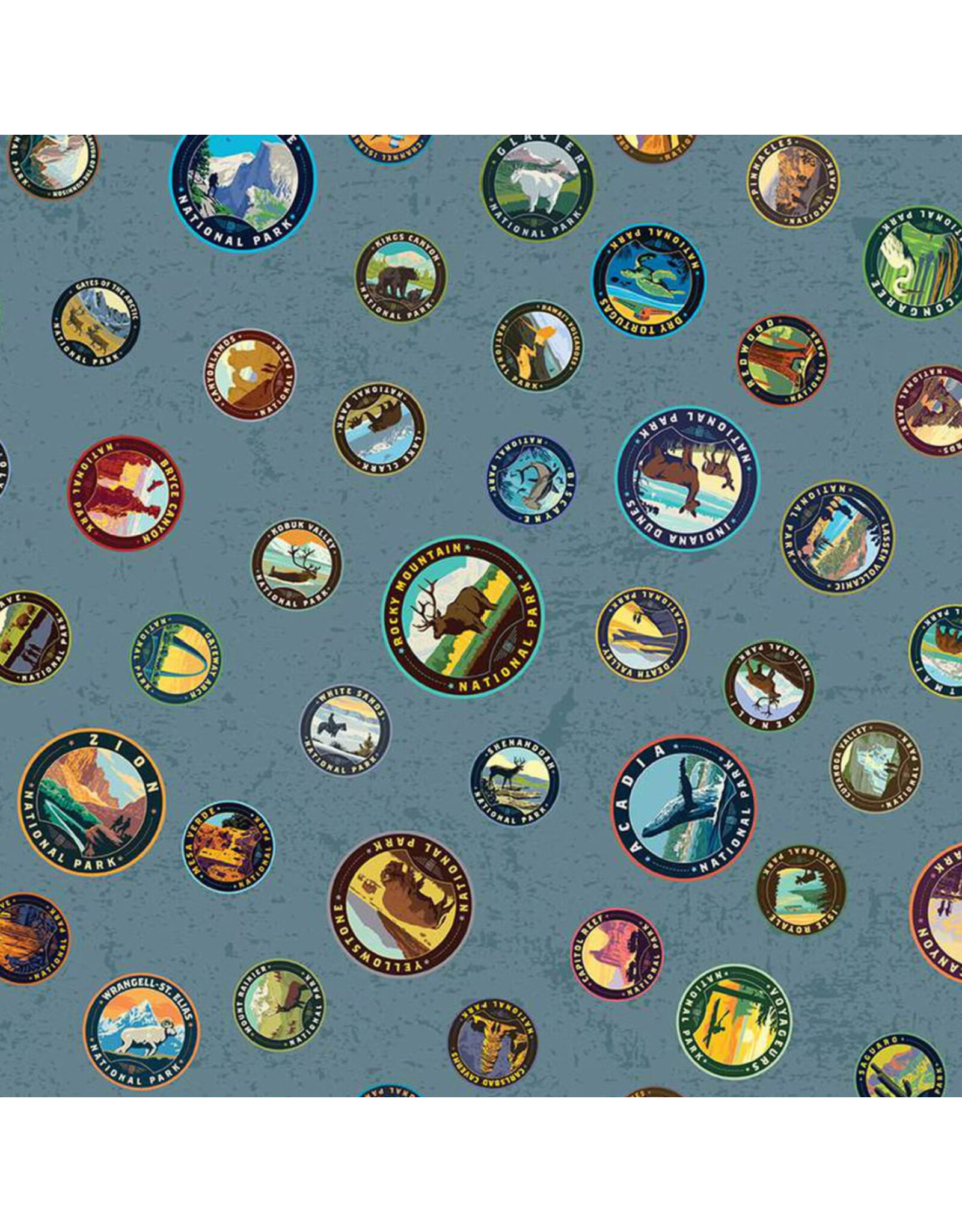 Riley Blake Fabrics National Parks, Emblems in Blue, Fabric Half-Yards