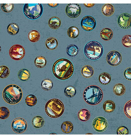 Riley Blake Fabrics National Parks, Emblems in Blue, Fabric Half-Yards
