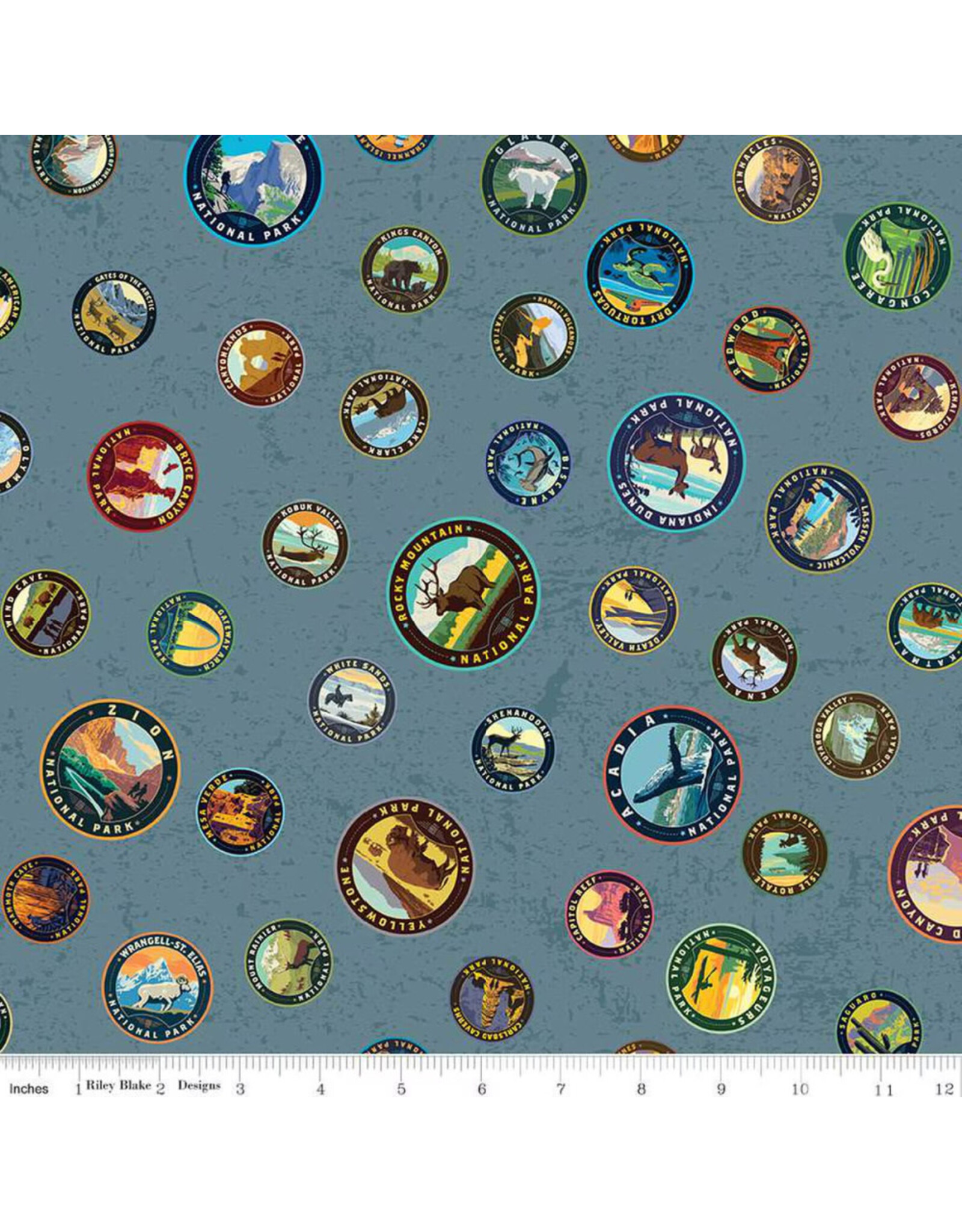 Riley Blake Fabrics National Parks, Emblems in Blue, Fabric Half-Yards