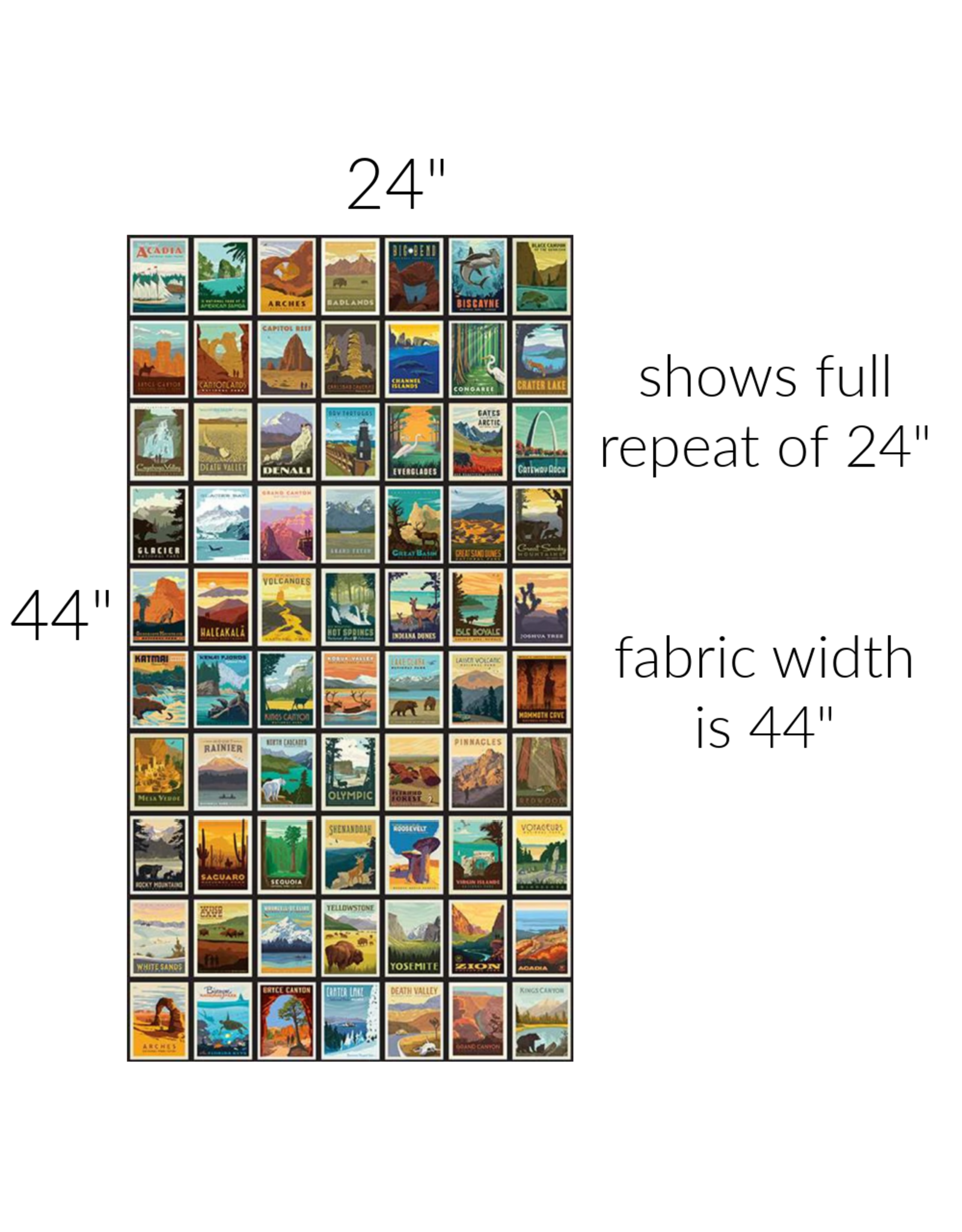 Riley Blake Fabrics National Parks, Posters in Black, Fabric Half-Yards