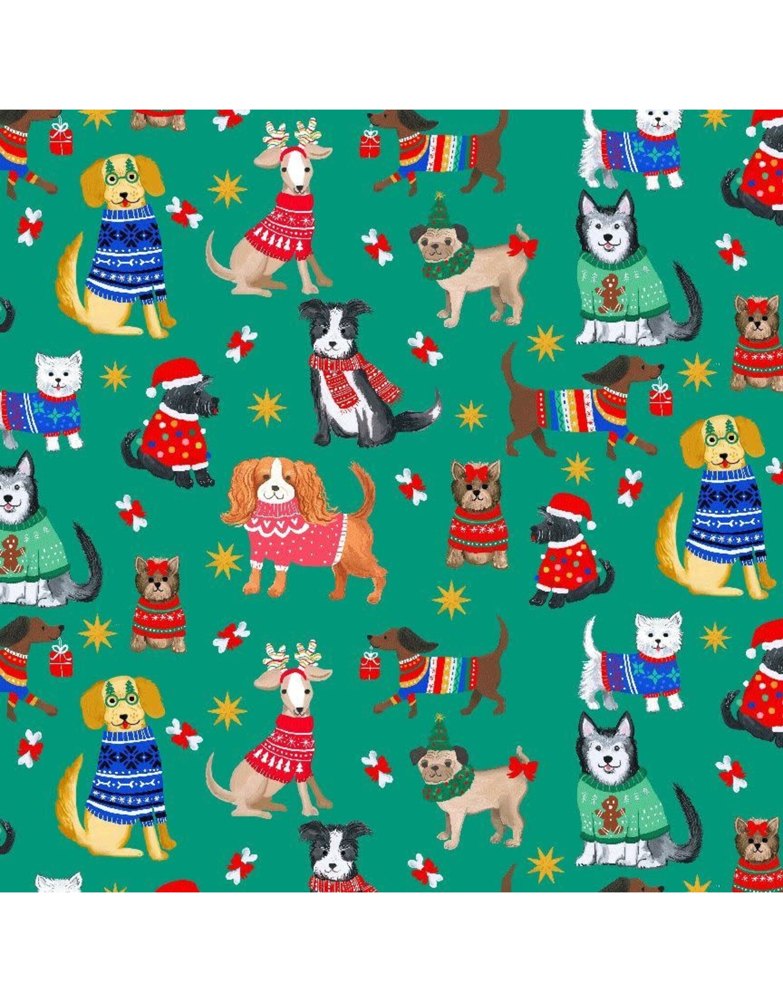 Dear Stella Santa's Little Yelper in Green, Fabric Half-Yards
