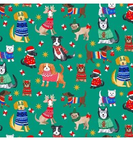 Dear Stella Santa's Little Yelper in Green, Fabric Half-Yards