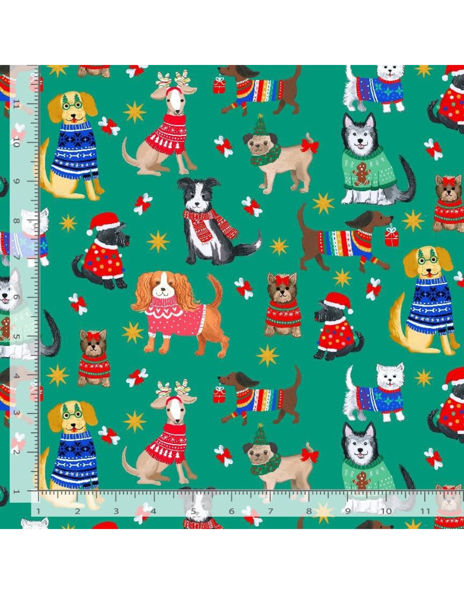 Dear Stella Santa's Little Yelper in Green, Fabric Half-Yards