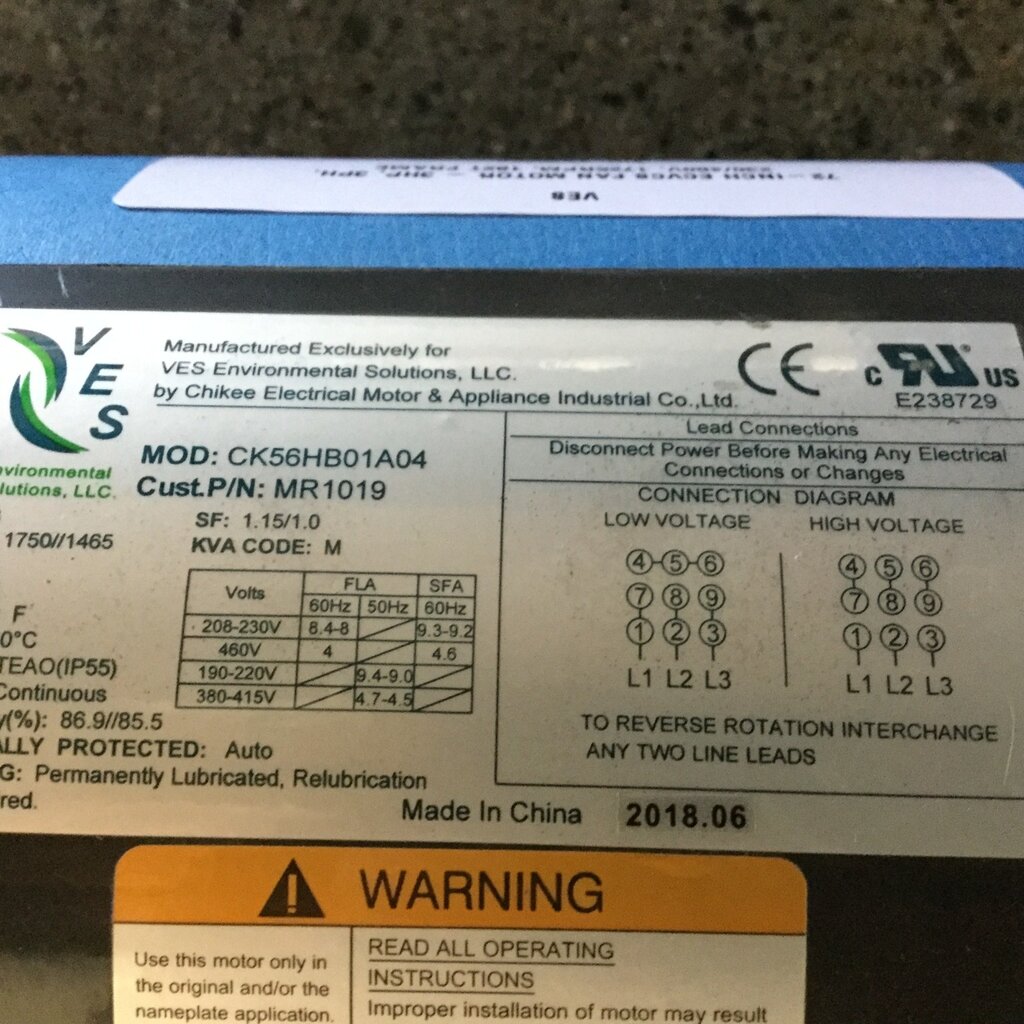 VES 103599 - 72" ECVCS FAN MOTOR 3HP, 3PH, 230/460V, 1725RPM, 182T FRAME