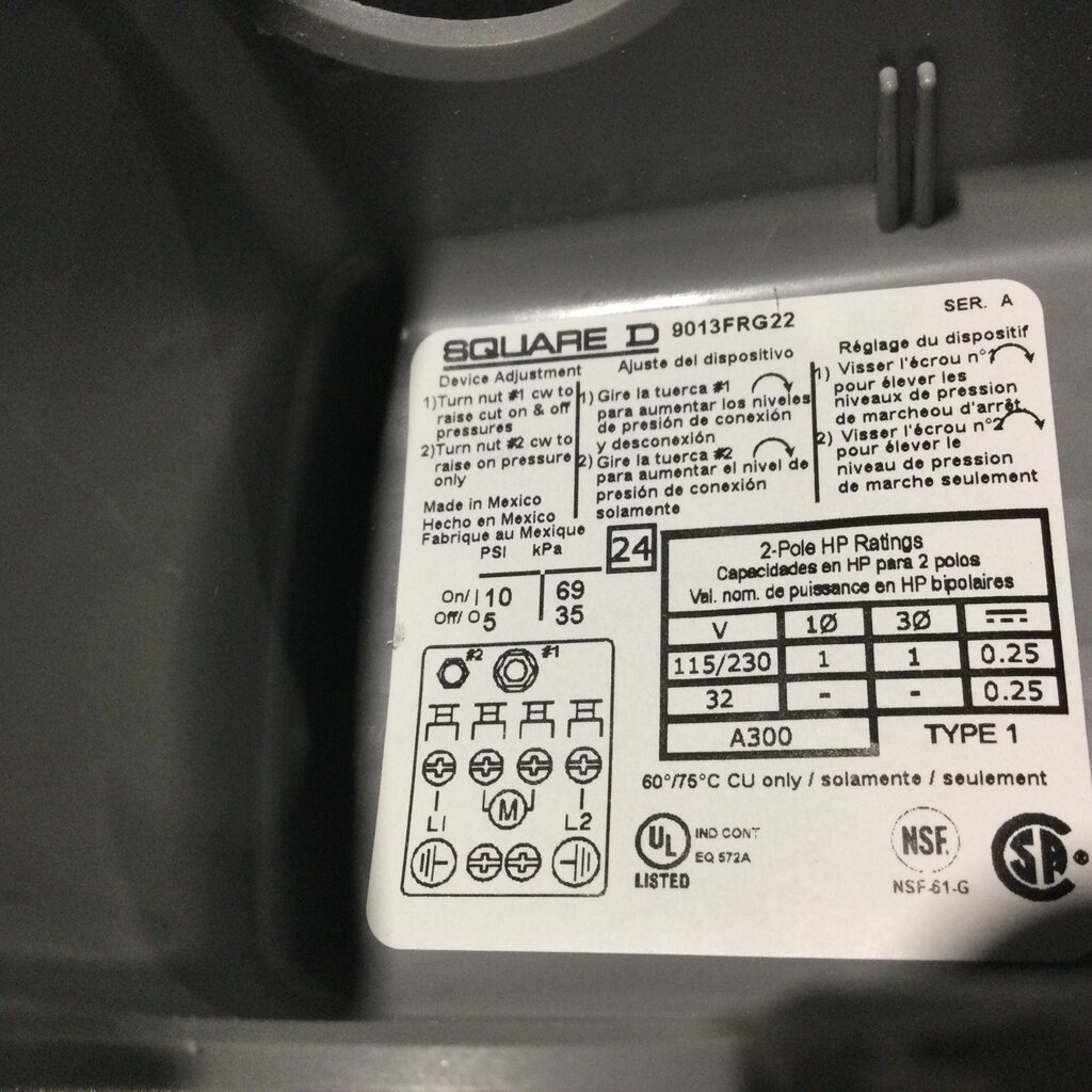 WATER PUMP PRESSURE SWITCH 5-10 psi., RANGE 4-45 psi.