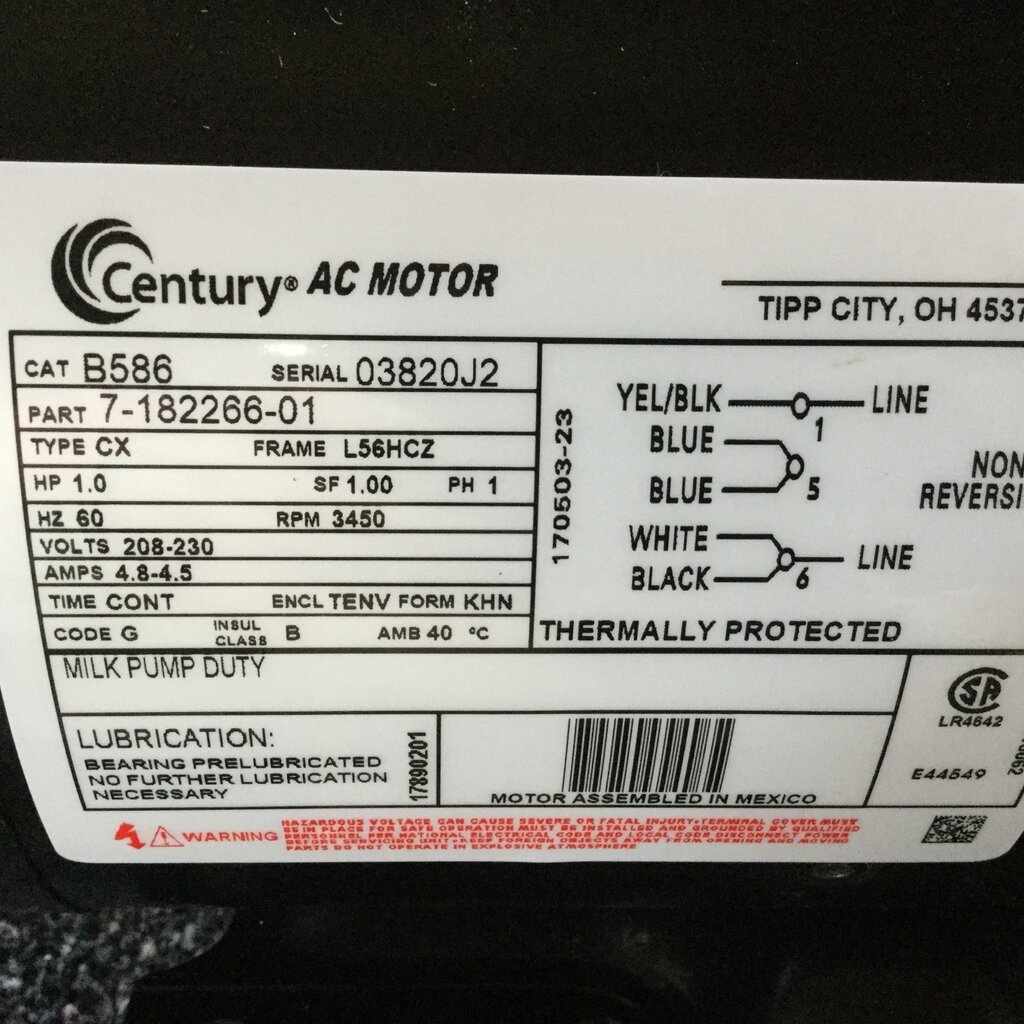 CENTURY MILK PUMP MOTOR 1HP, 1PH, 230V, 3450RPM,  L56HCZ FRAME W/ THREADED SHAFT