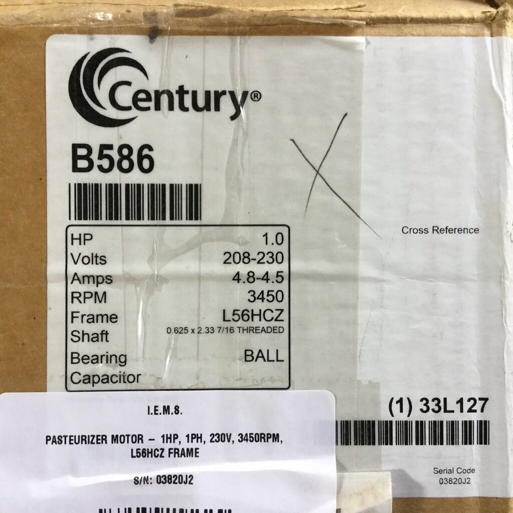 CENTURY MILK PUMP MOTOR 1HP, 1PH, 230V, 3450RPM,  L56HCZ FRAME W/ THREADED SHAFT