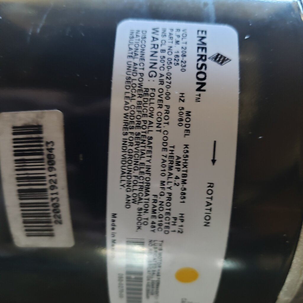 MUELLER CONDENSER FAN MOTOR .5HP, 1PH, 230/208V, 1625RPM