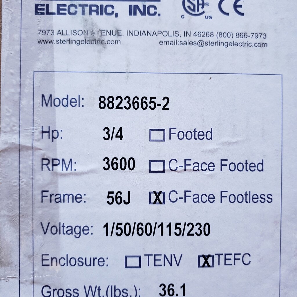 MUELLER WASH PUMP MOTOR - 3/4HP, 3600RPM, 115/230V, 56J FRAME, S/S WASHDOWN GRADE