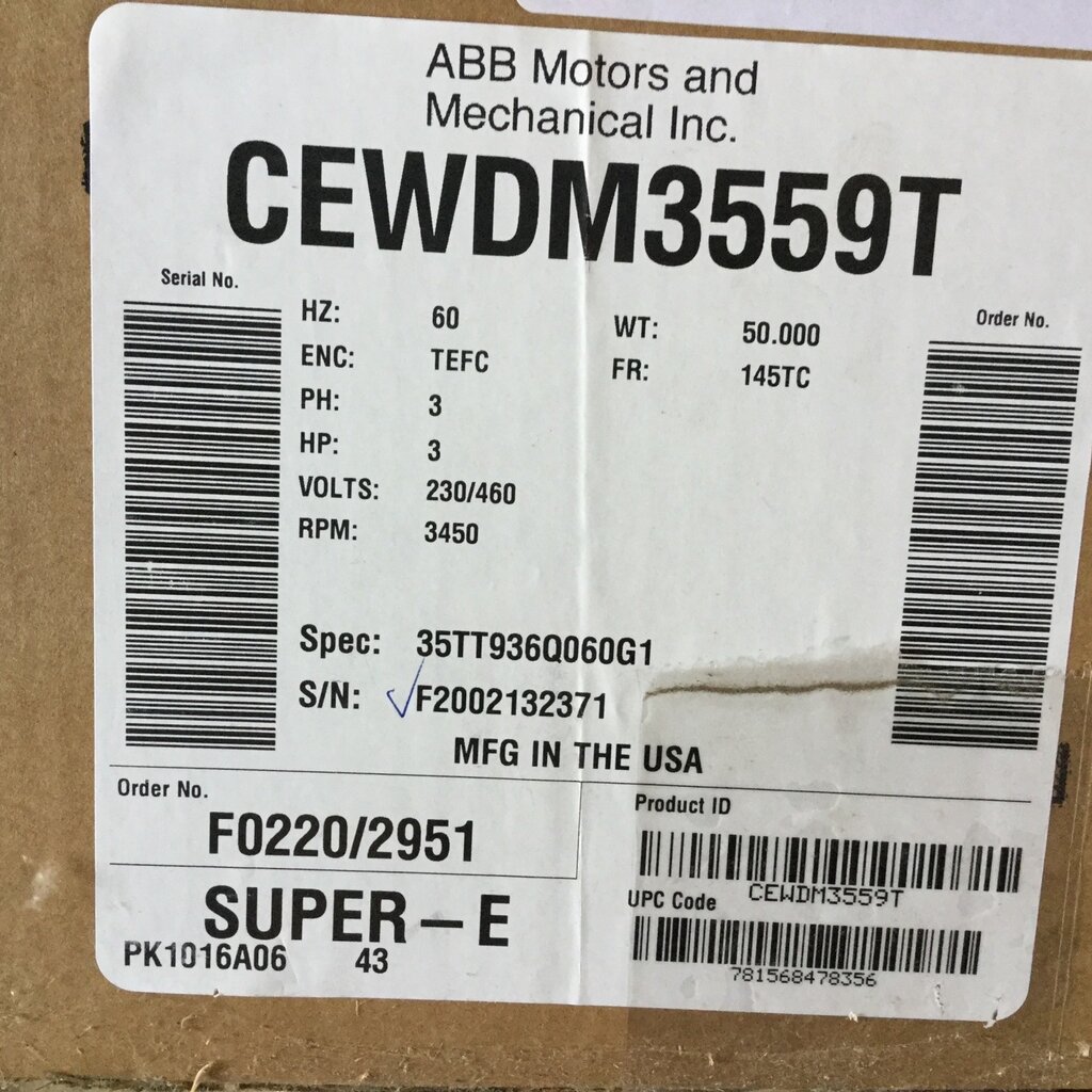 BALDOR MILK PUMP MOTOR 3HP, 3PH, 3450RPM, 145TC FRAME, WASHDOWN GRADE